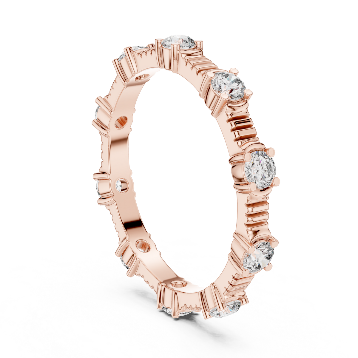 Round Diamond Station Eternity Band with Sculpted Ribbed Gold Details