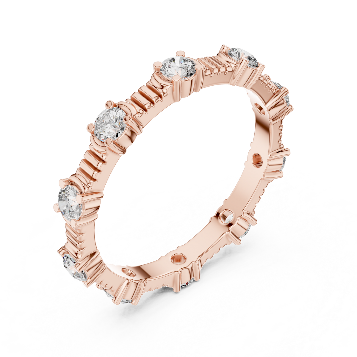 Round Diamond Station Eternity Band with Sculpted Ribbed Gold Details