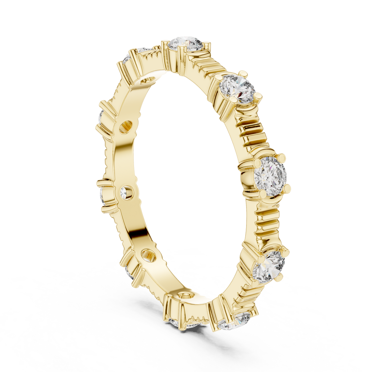 Round Diamond Station Eternity Band with Sculpted Ribbed Gold Details