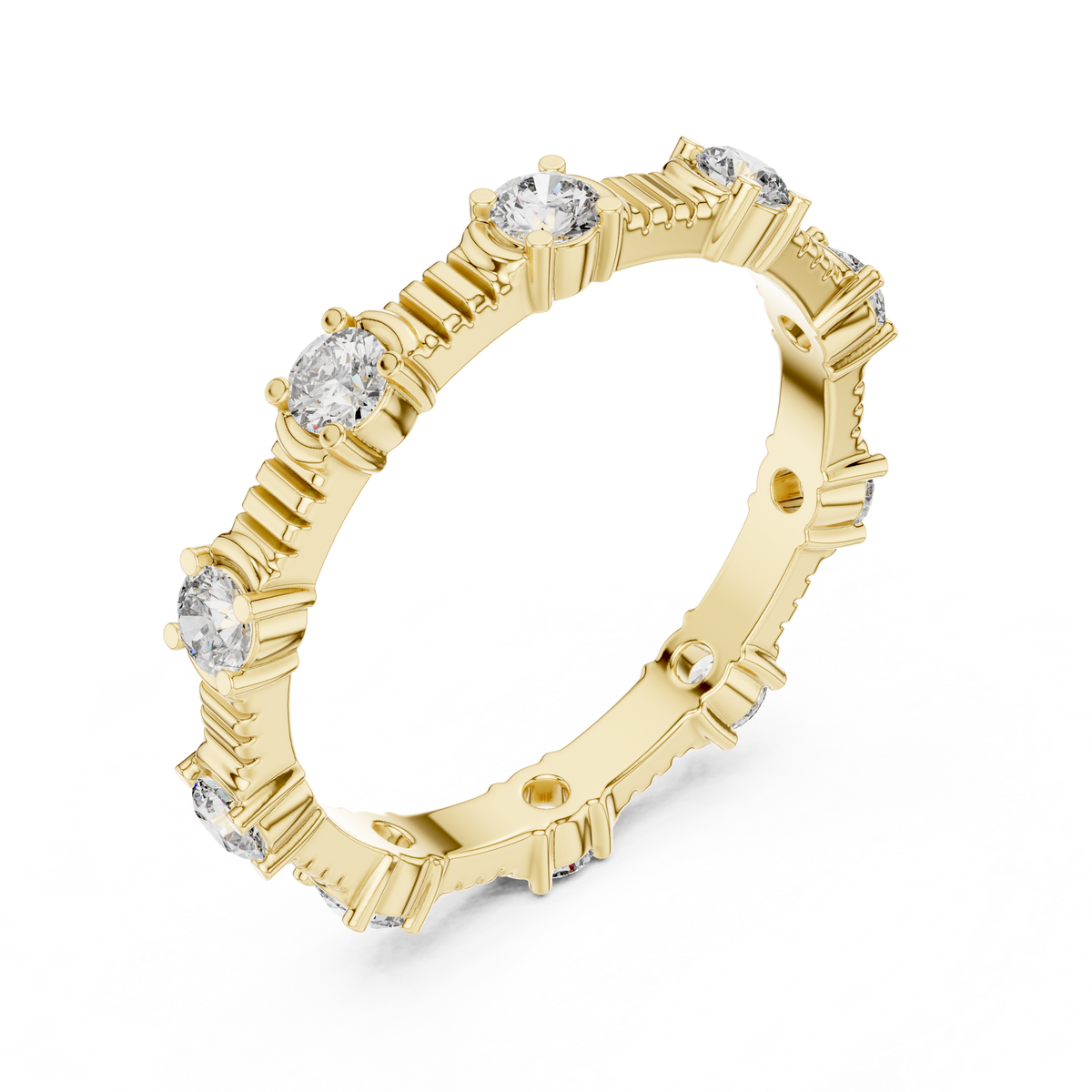 Round Diamond Station Eternity Band with Sculpted Ribbed Gold Details