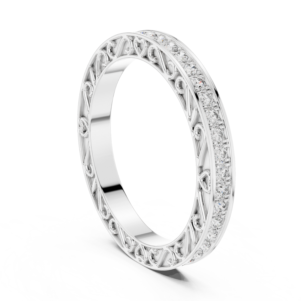 Round Diamond Eternity Band with Ornamental Heart & Scroll Detailing