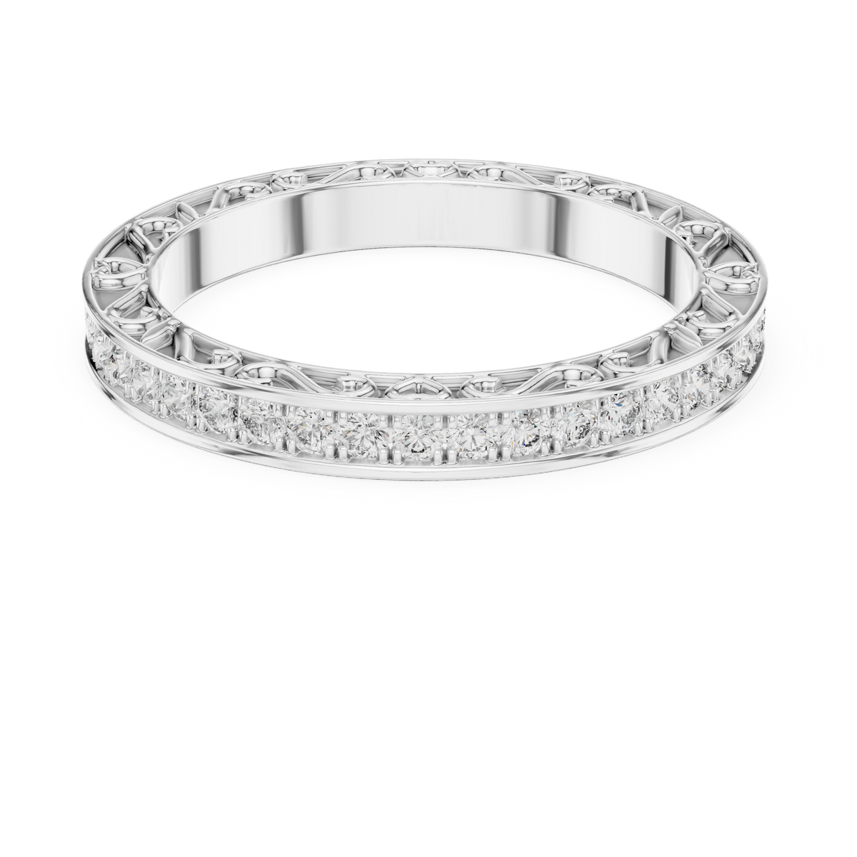 Round Diamond Eternity Band with Ornamental Heart & Scroll Detailing
