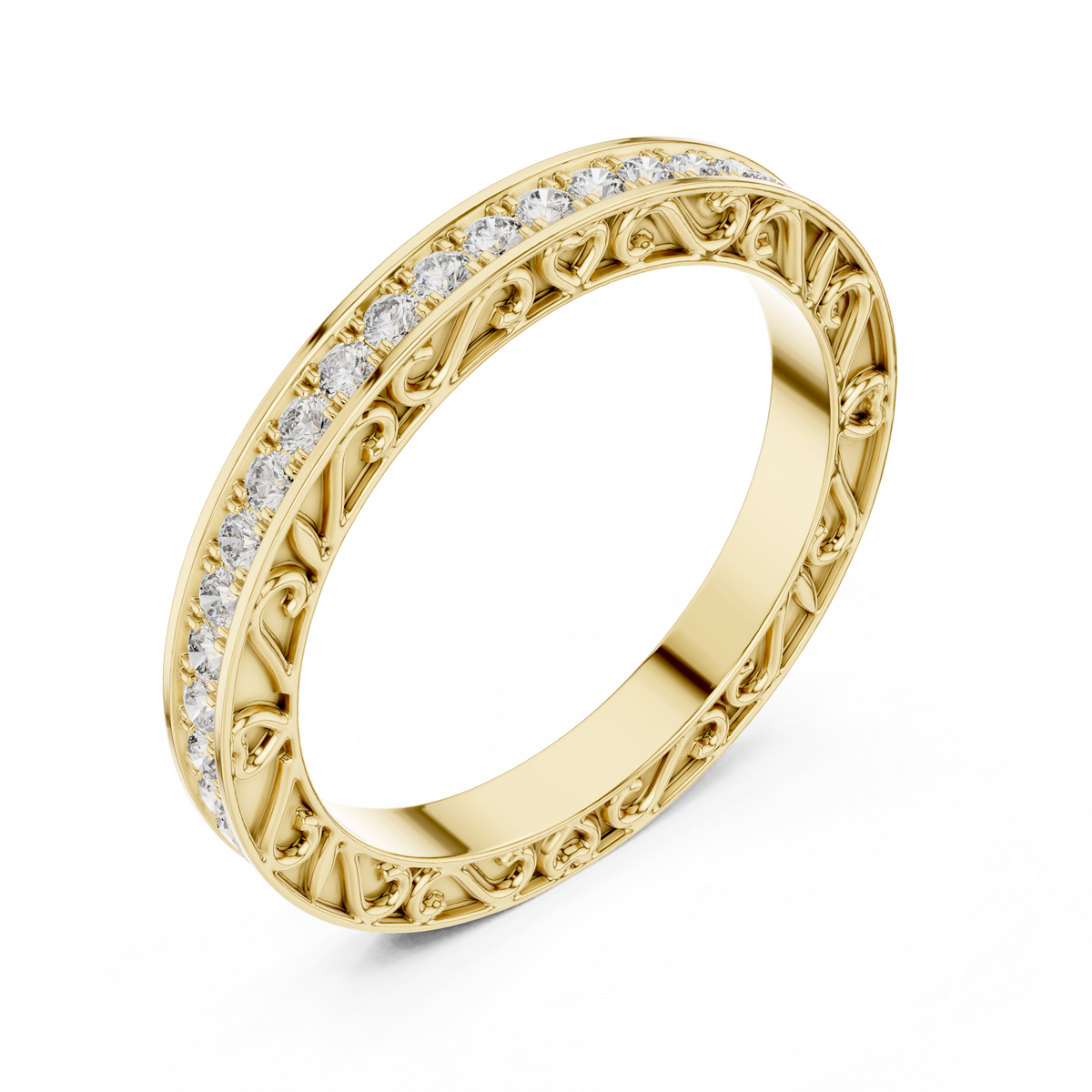 Round Diamond Eternity Band with Ornamental Heart & Scroll Detailing