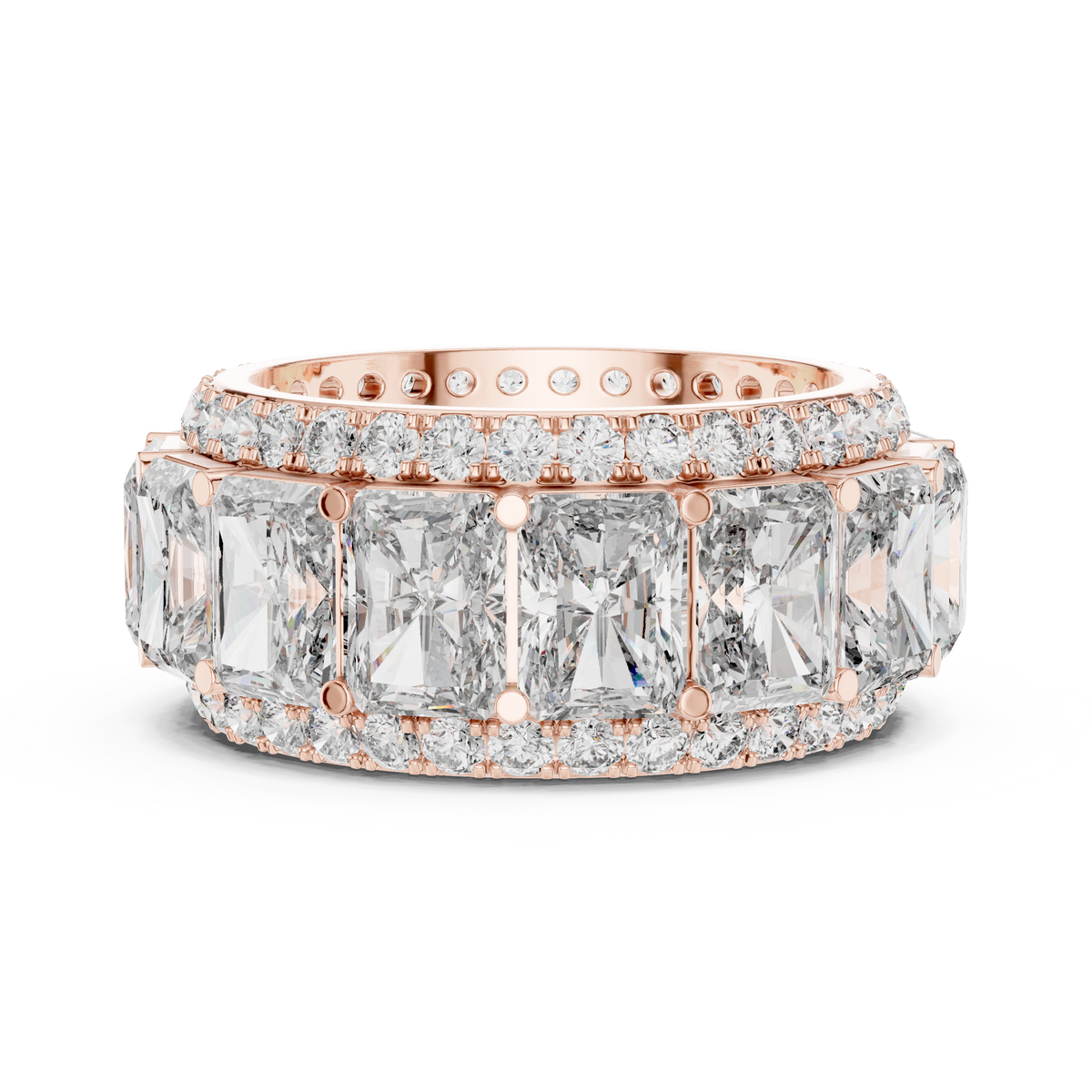 Radiant Cut Eternity Statement Ring with Double Round Stone Borders