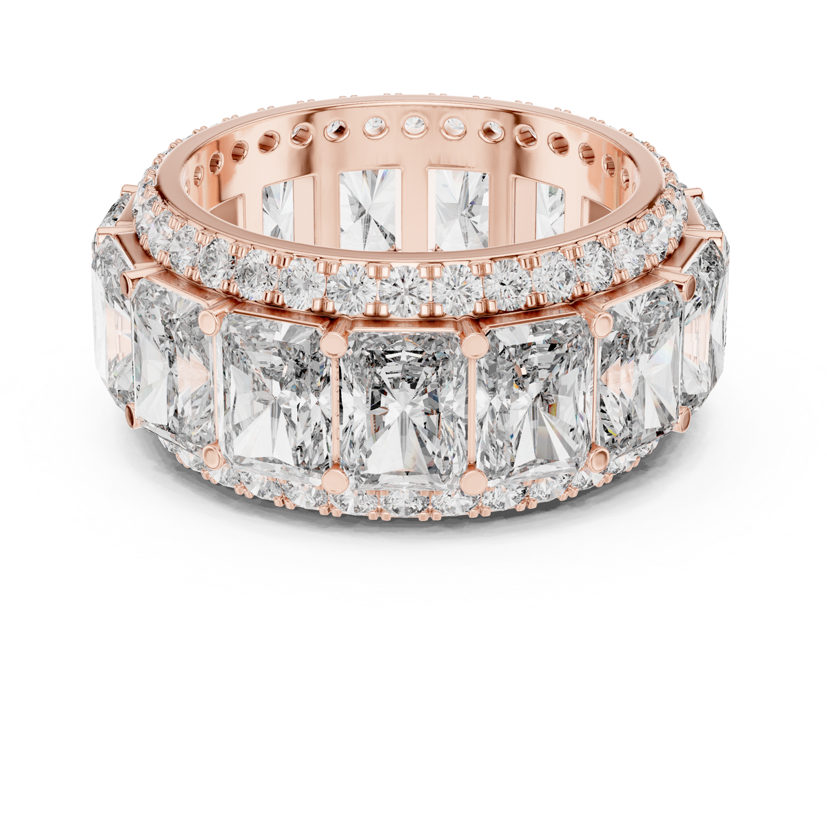 Radiant Cut Eternity Statement Ring with Double Round Stone Borders