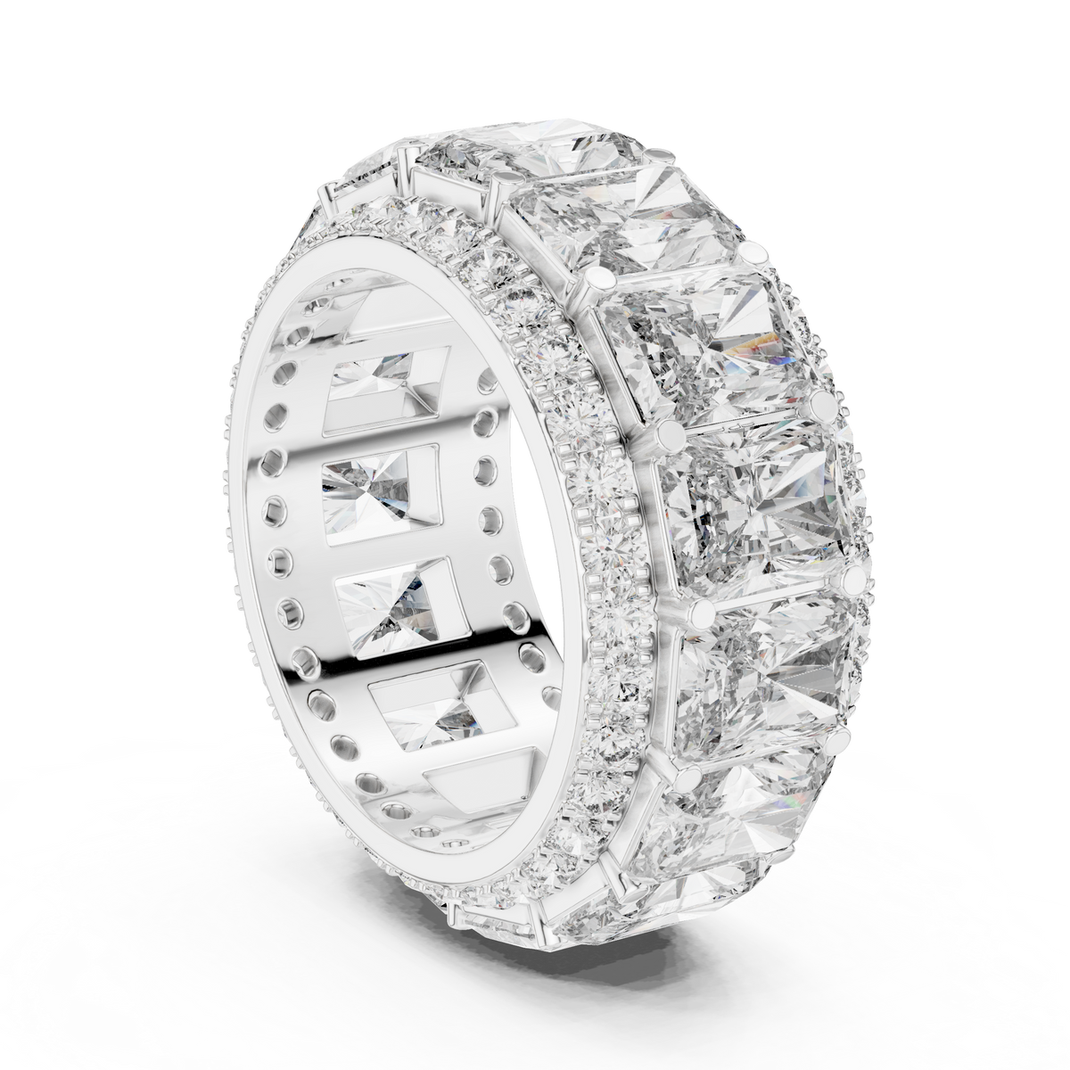 Radiant Cut Eternity Statement Ring with Double Round Stone Borders