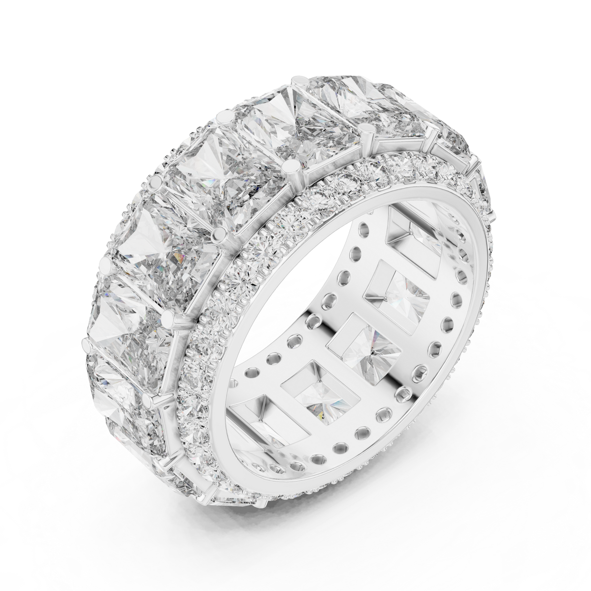 Radiant Cut Eternity Statement Ring with Double Round Stone Borders