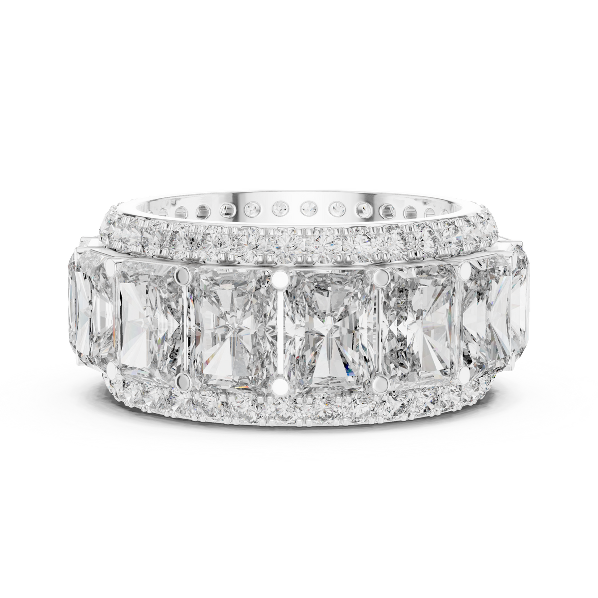 Radiant Cut Eternity Statement Ring with Double Round Stone Borders