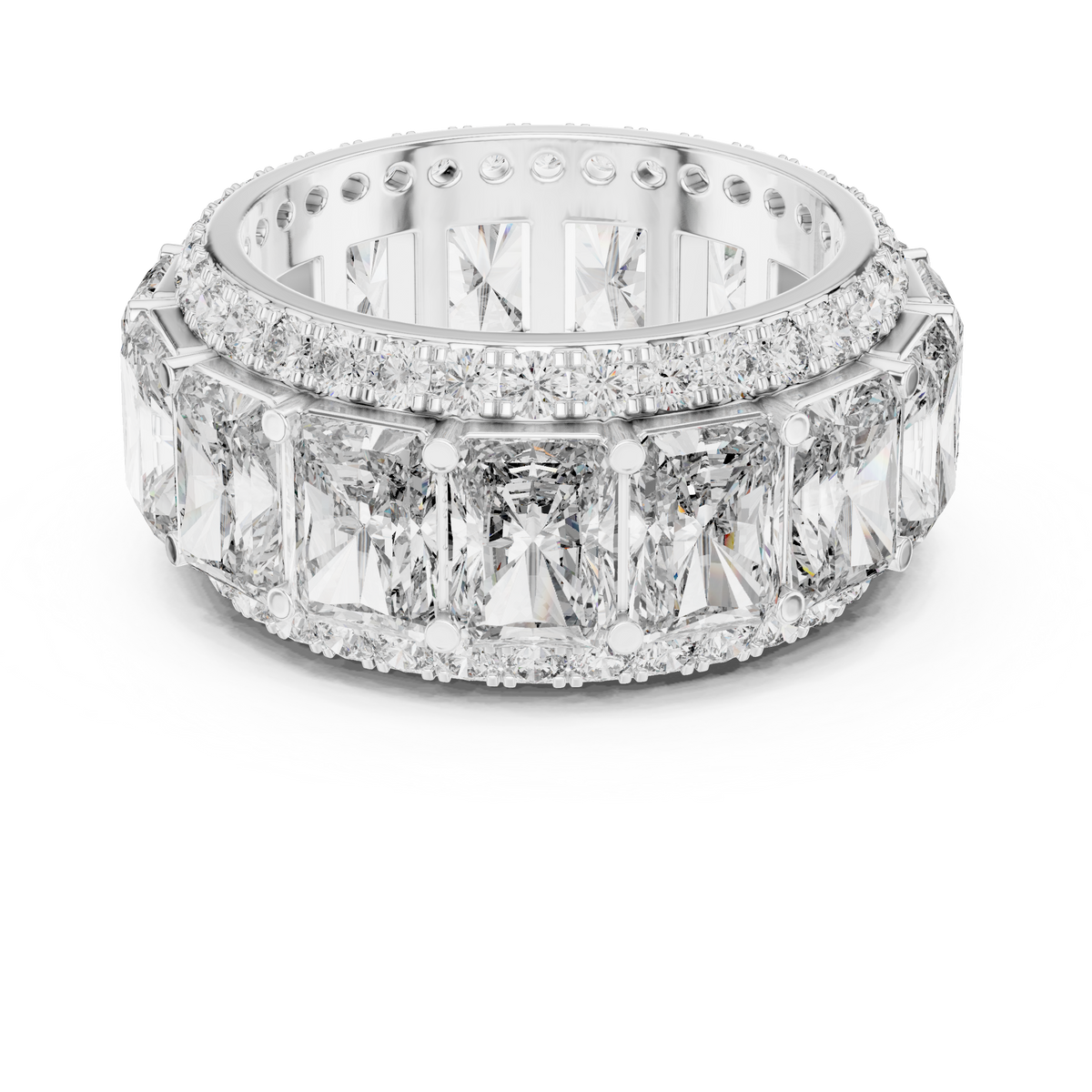 Radiant Cut Eternity Statement Ring with Double Round Stone Borders