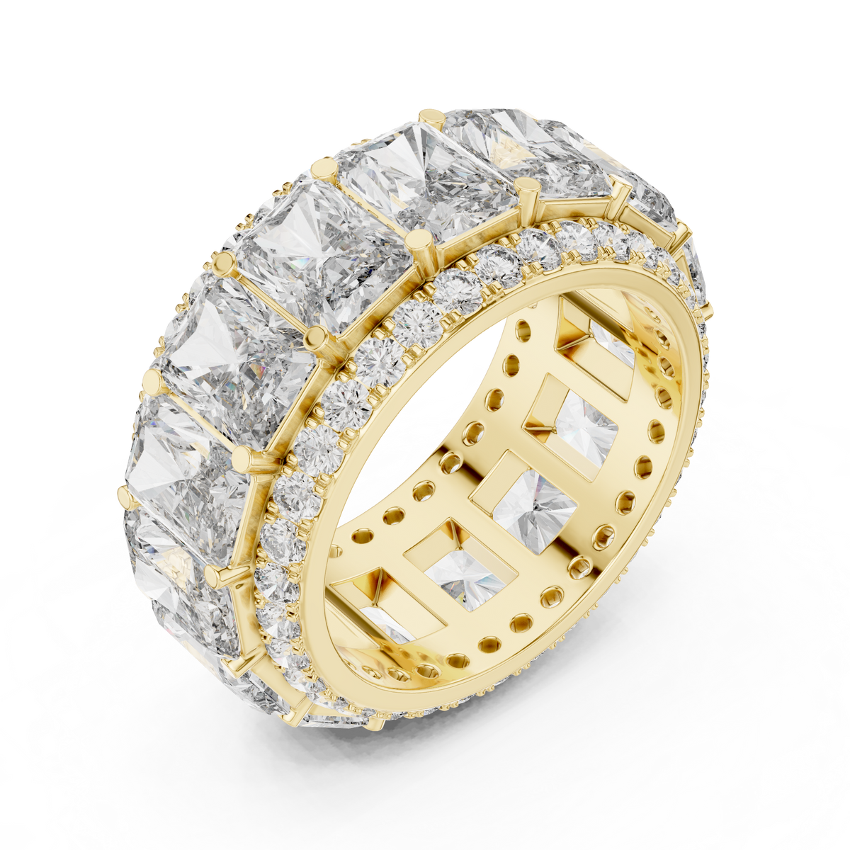 Radiant Cut Eternity Statement Ring with Double Round Stone Borders
