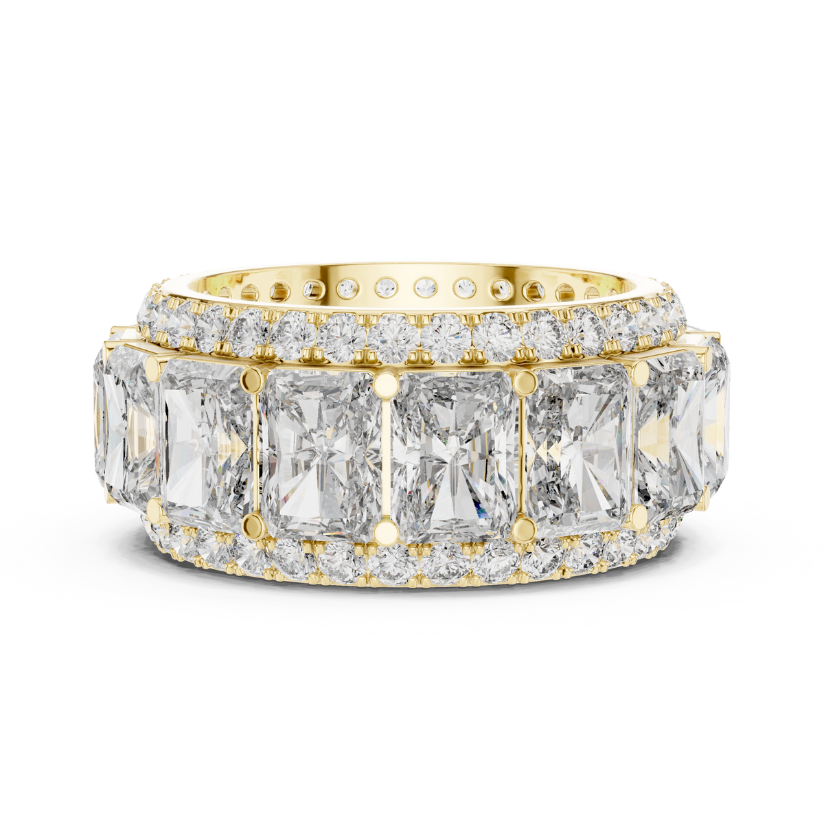 Radiant Cut Eternity Statement Ring with Double Round Stone Borders