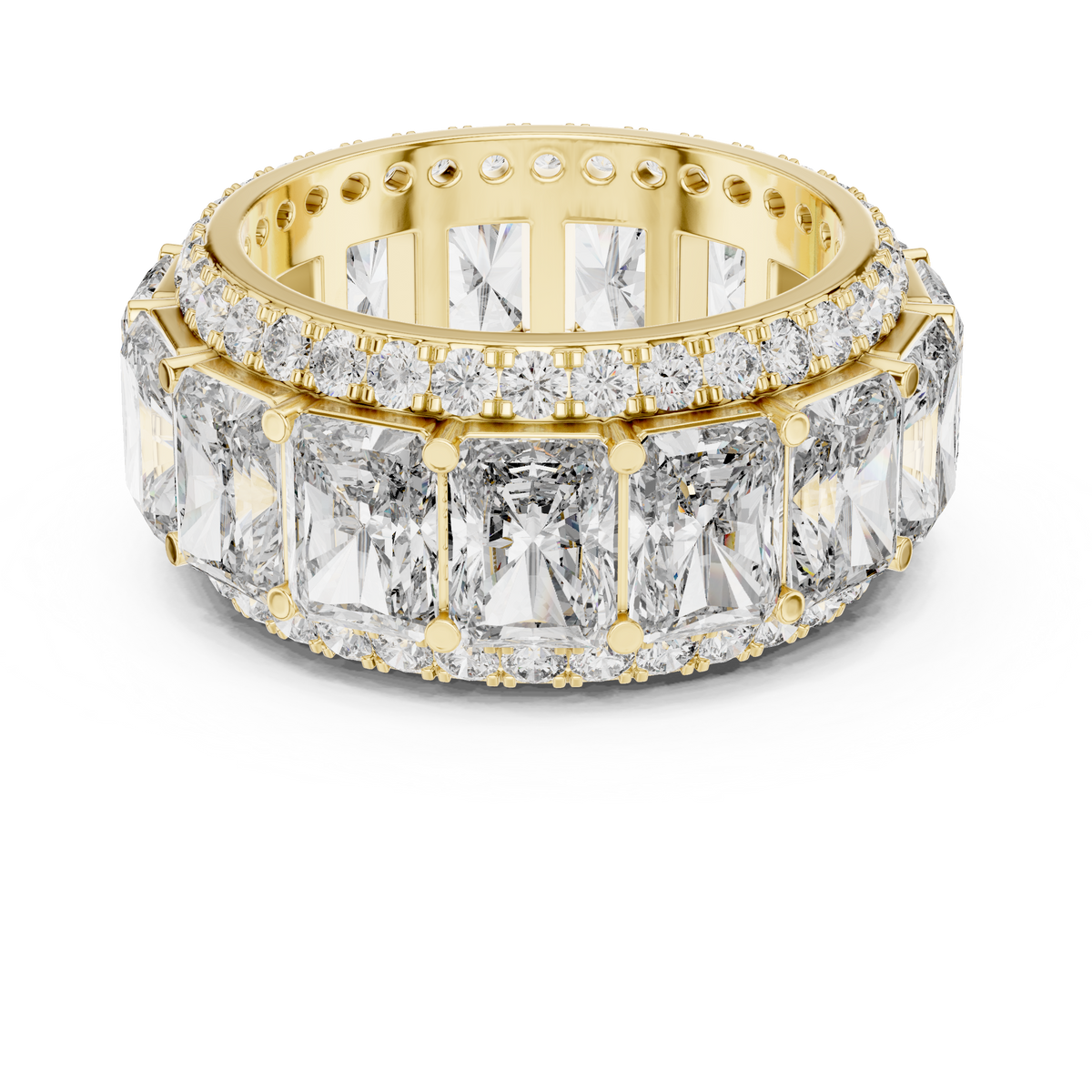 Radiant Cut Eternity Statement Ring with Double Round Stone Borders
