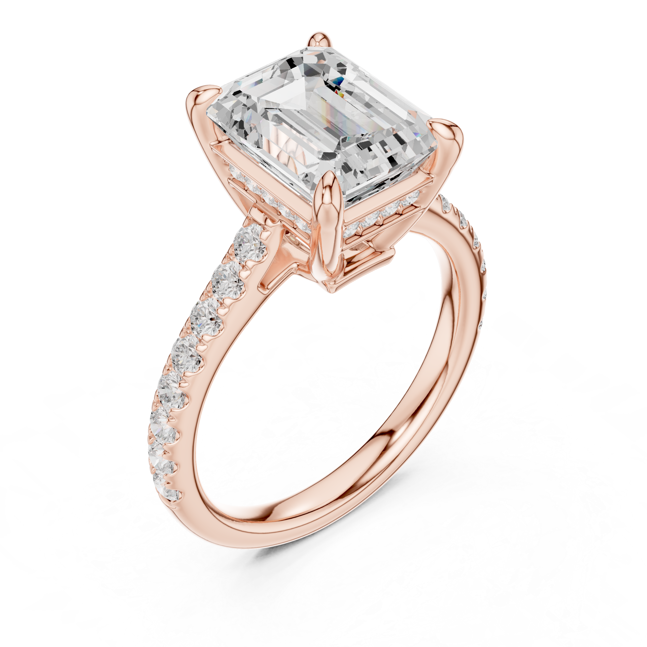 Emerald Cut Hidden Halo Cathedral Engagement Ring