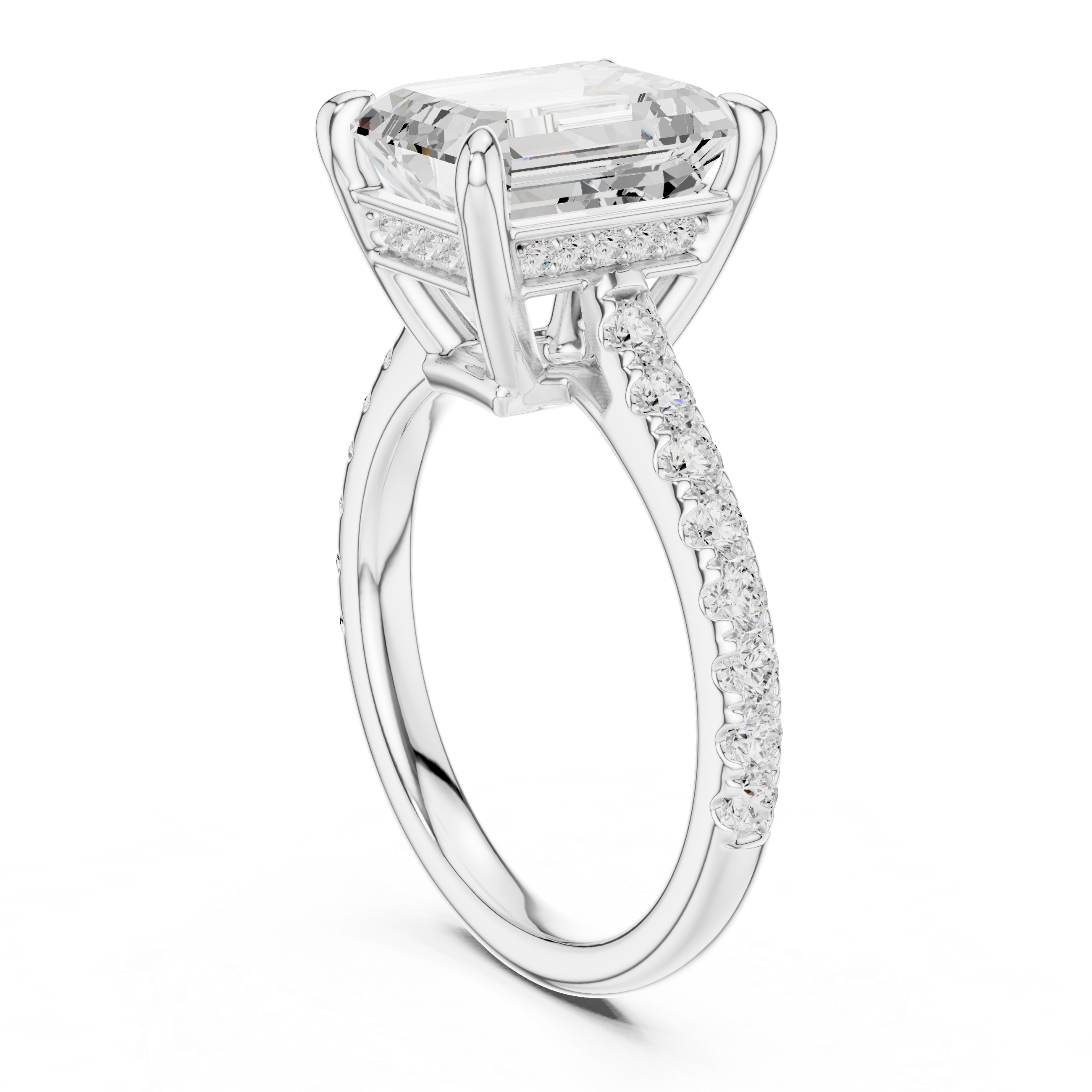 Emerald Cut Hidden Halo Cathedral Engagement Ring
