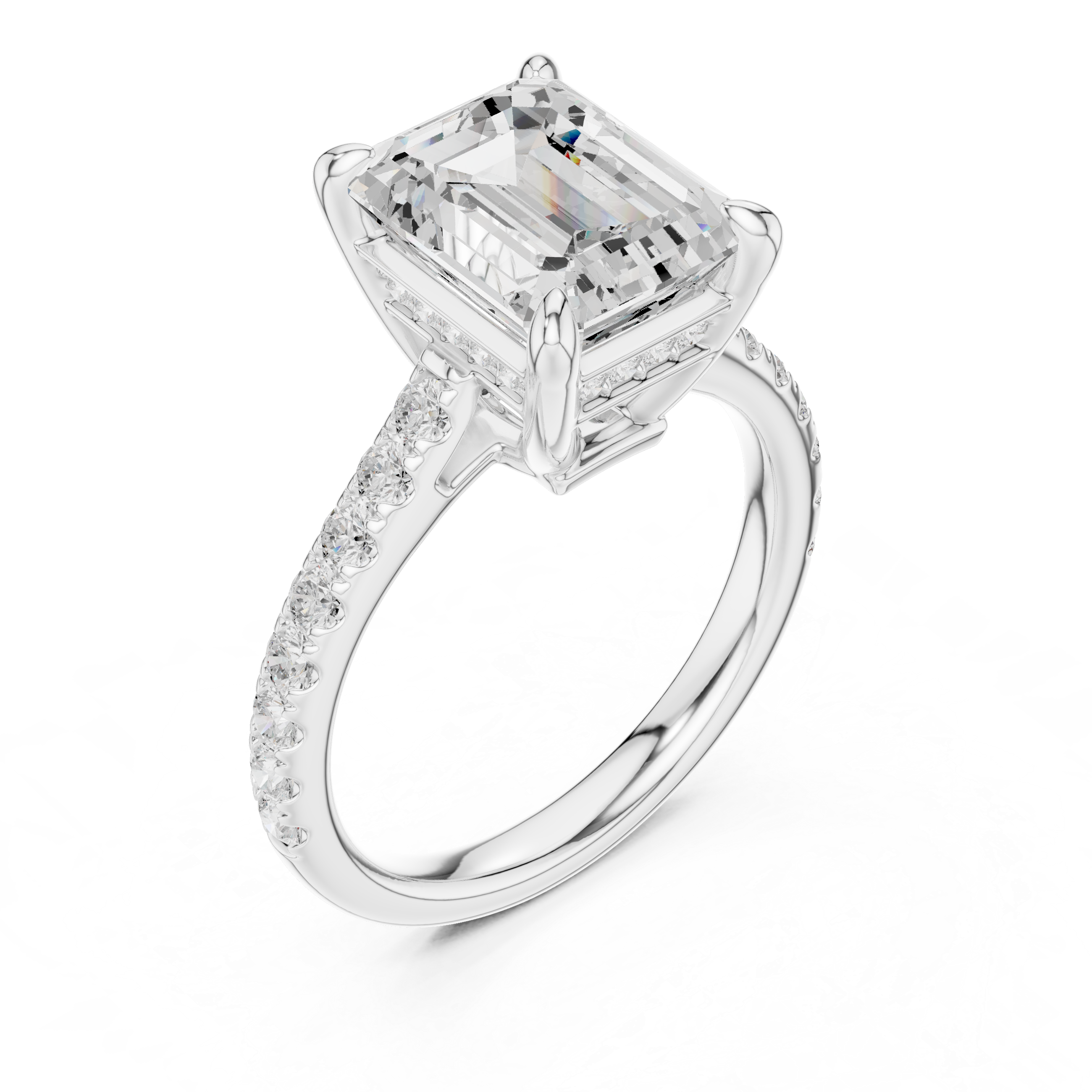 Emerald Cut Hidden Halo Cathedral Engagement Ring