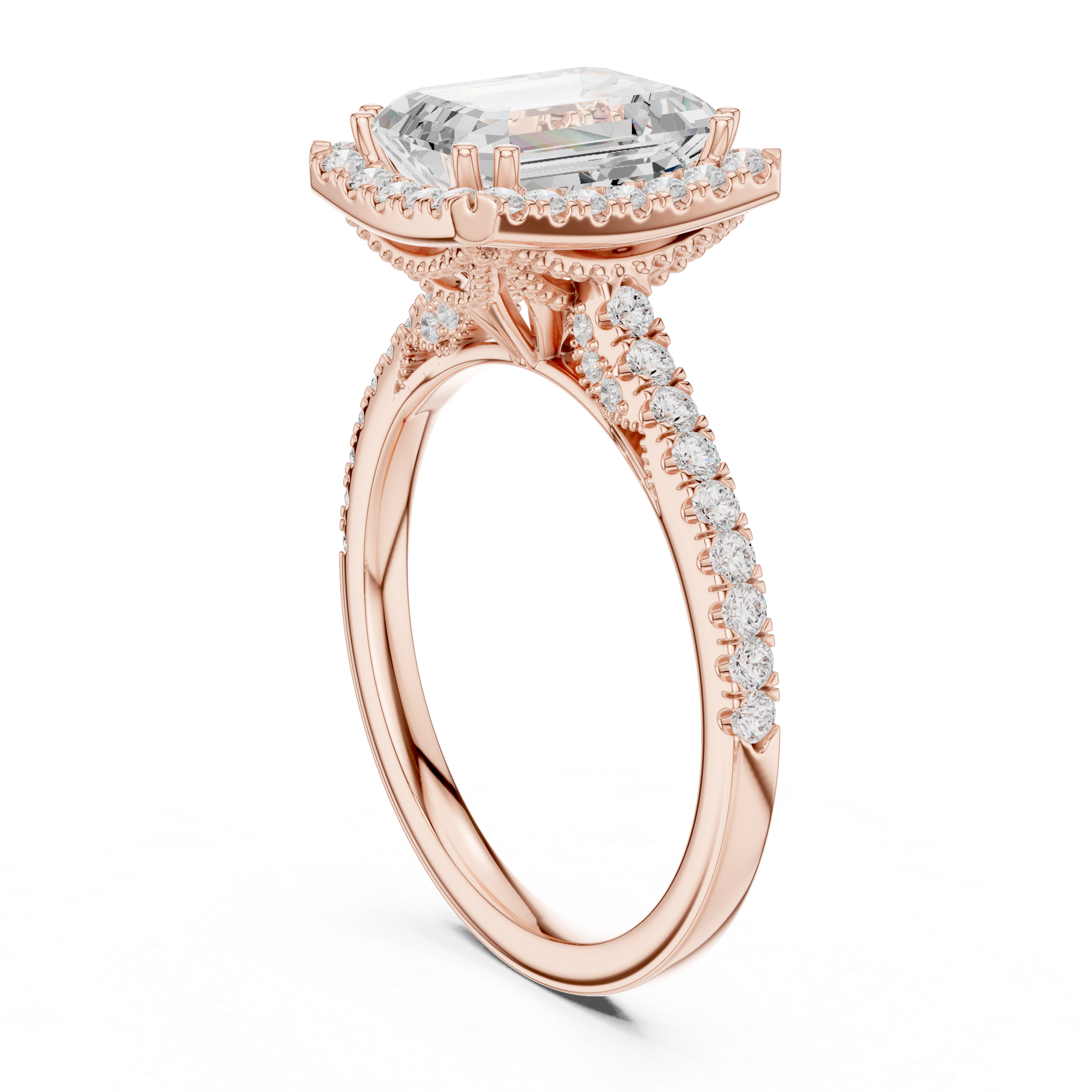 Emerald Cut Halo Diamond Engagement Ring with Pavé Band