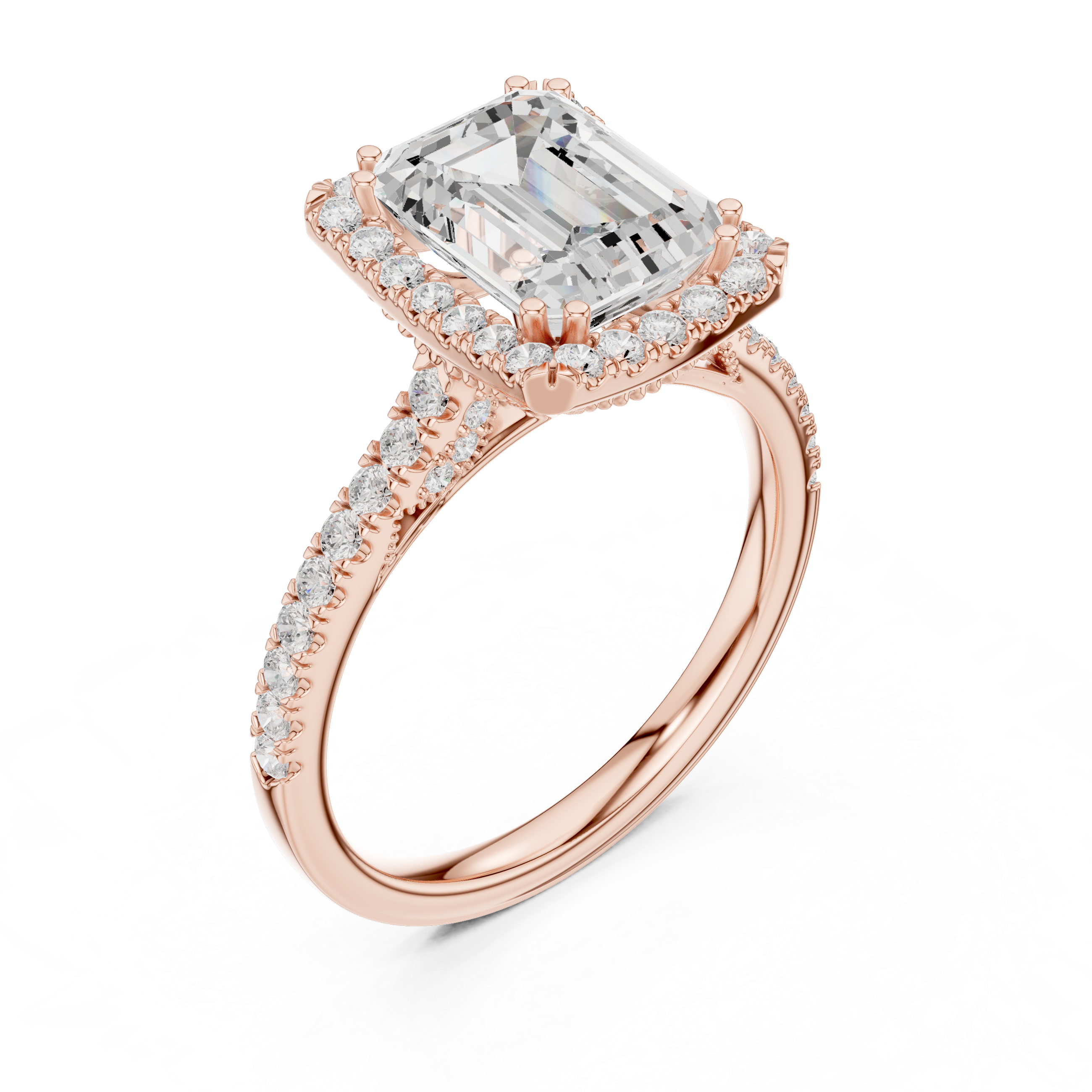 Emerald Cut Halo Diamond Engagement Ring with Pavé Band