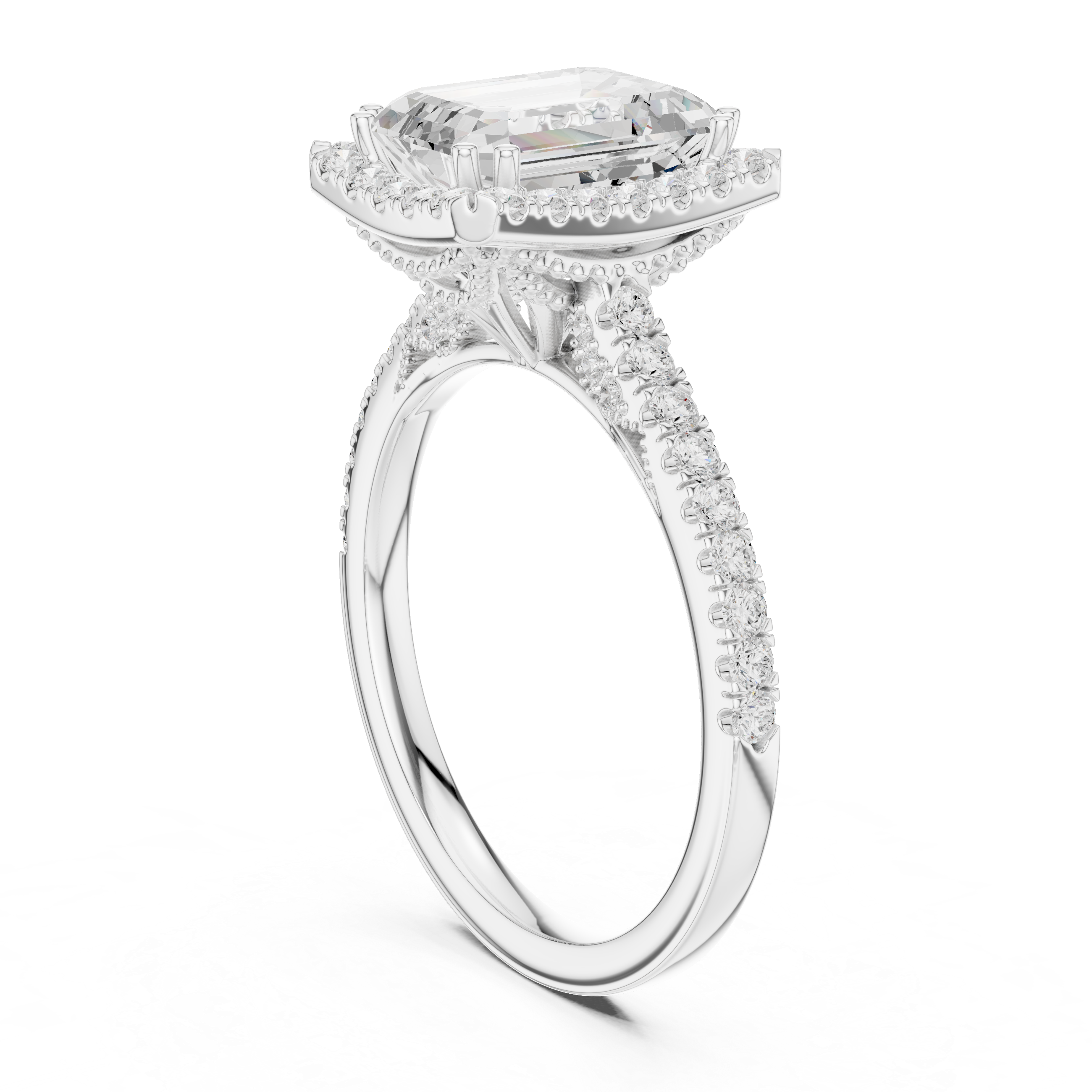 Emerald Cut Halo Diamond Engagement Ring with Pavé Band