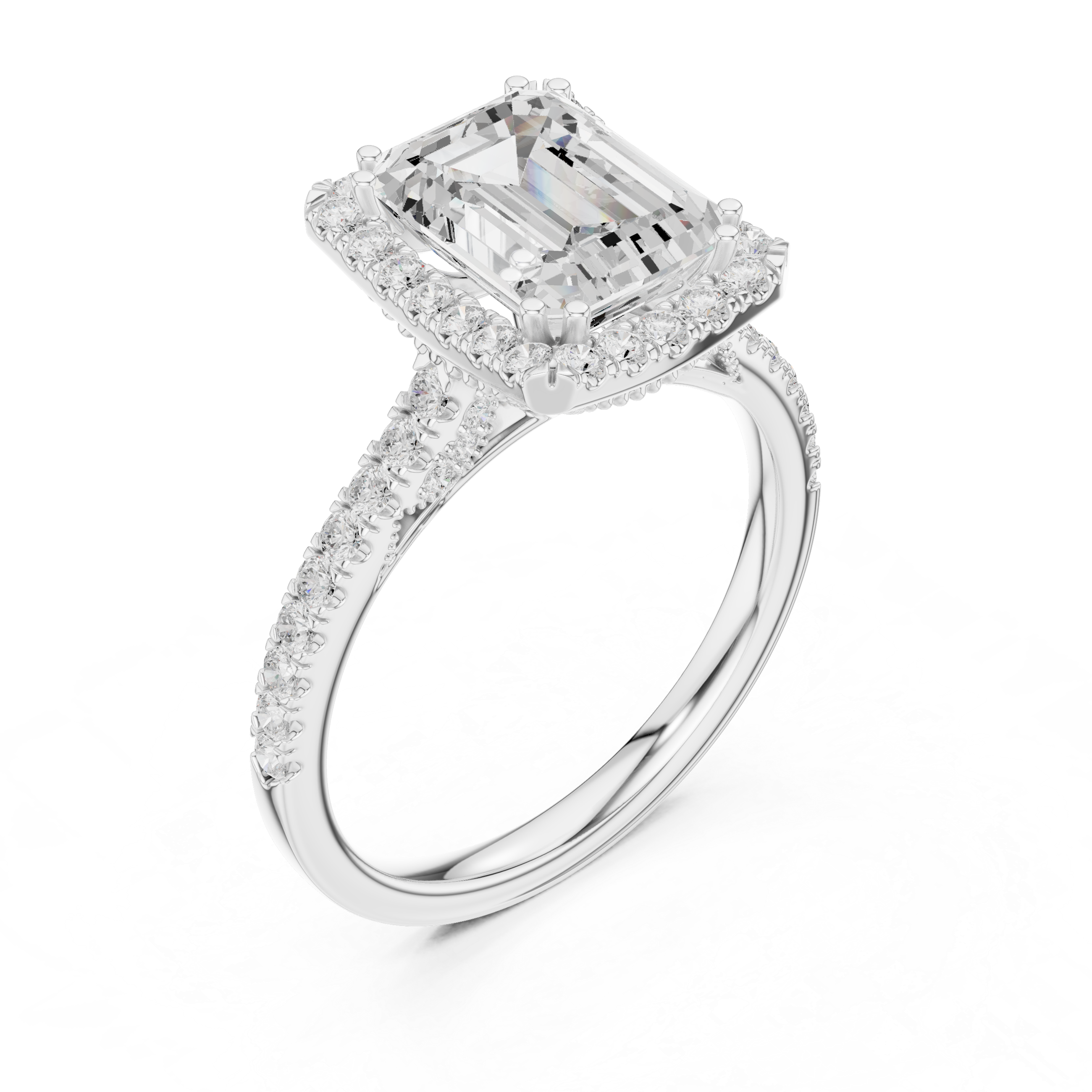 Emerald Cut Halo Diamond Engagement Ring with Pavé Band