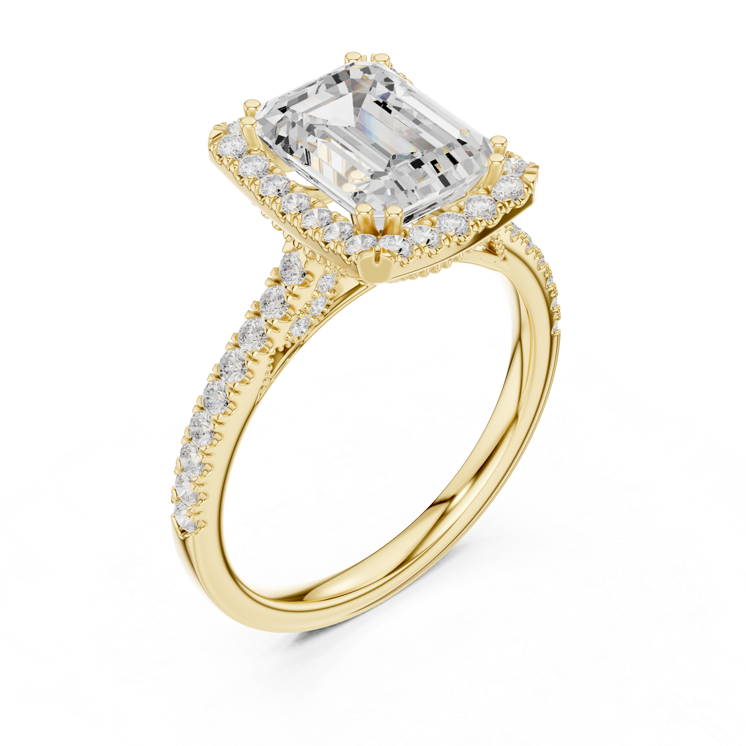 Emerald Cut Halo Diamond Engagement Ring with Pavé Band