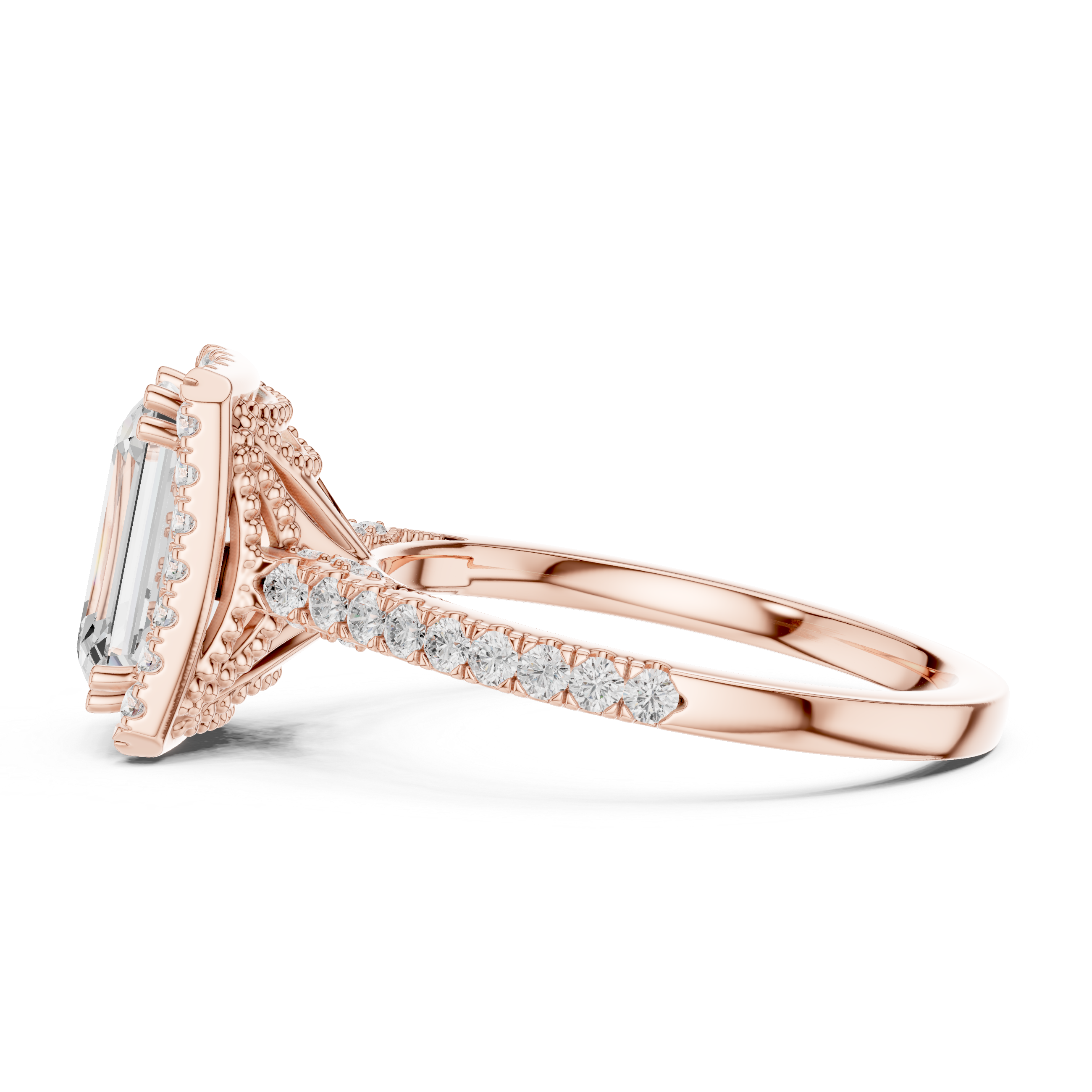 Emerald Cut Halo Diamond Engagement Ring with Pavé Band