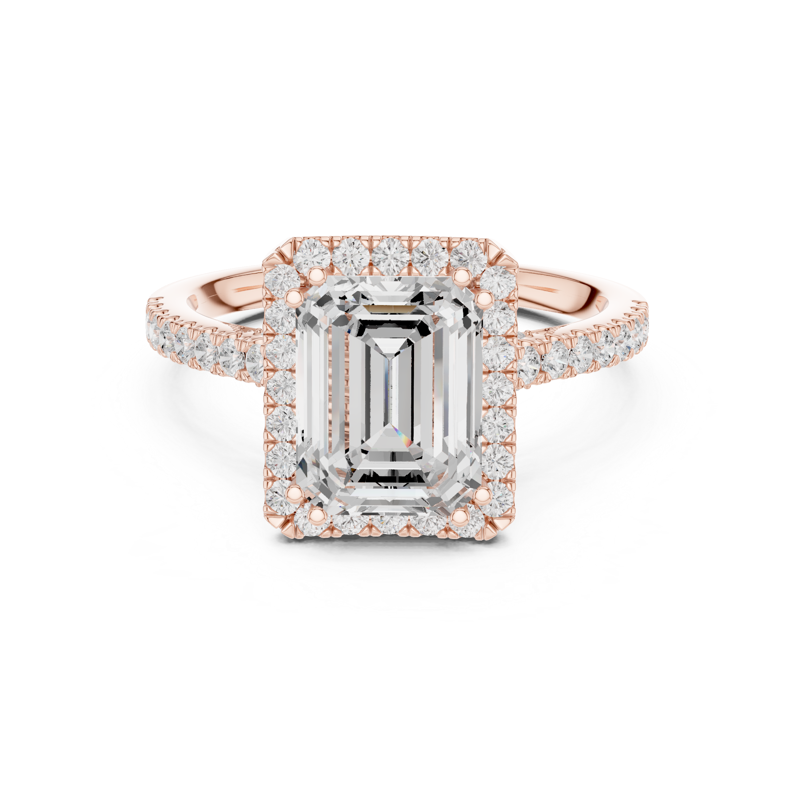 Emerald Cut Halo Diamond Engagement Ring with Pavé Band