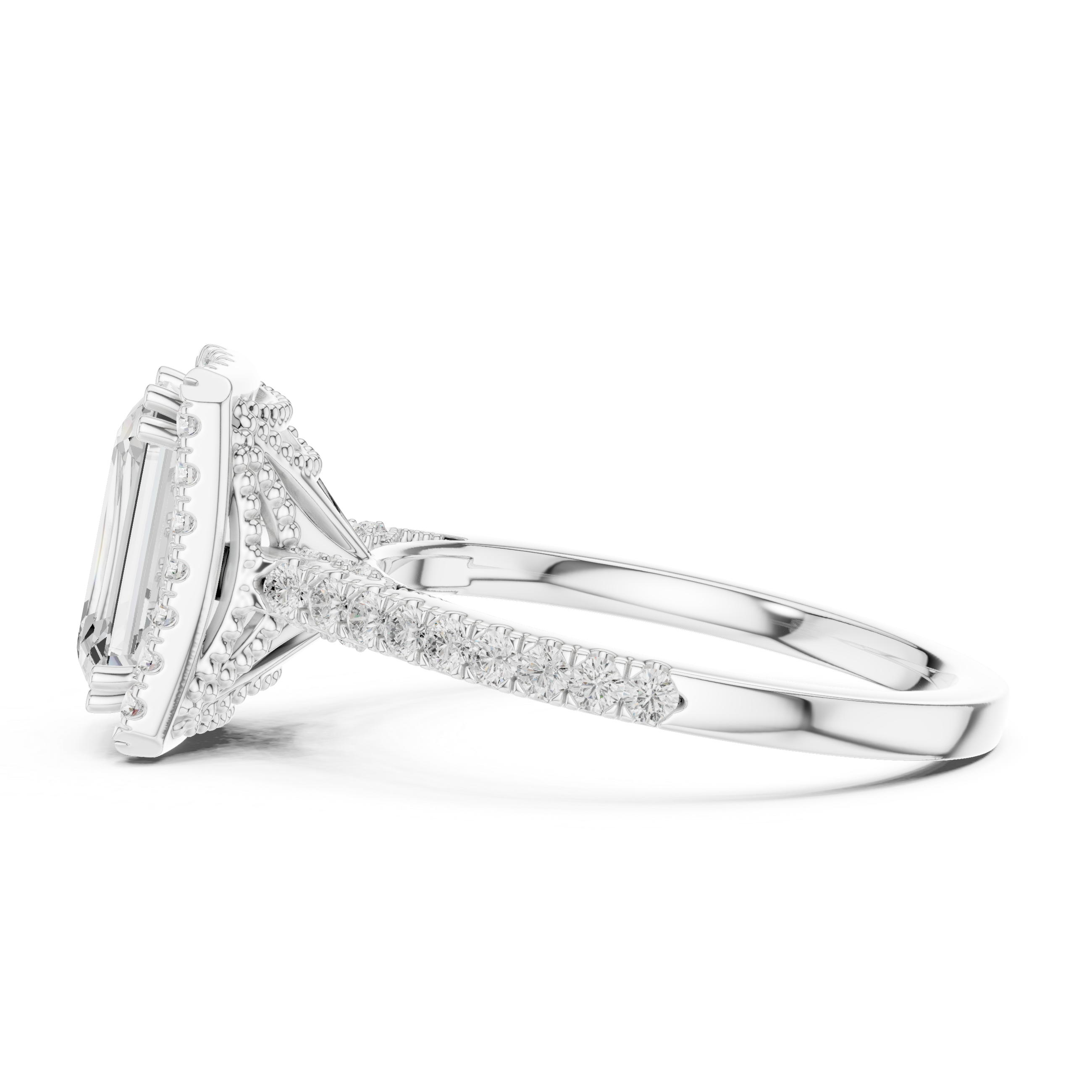 Emerald Cut Halo Diamond Engagement Ring with Pavé Band
