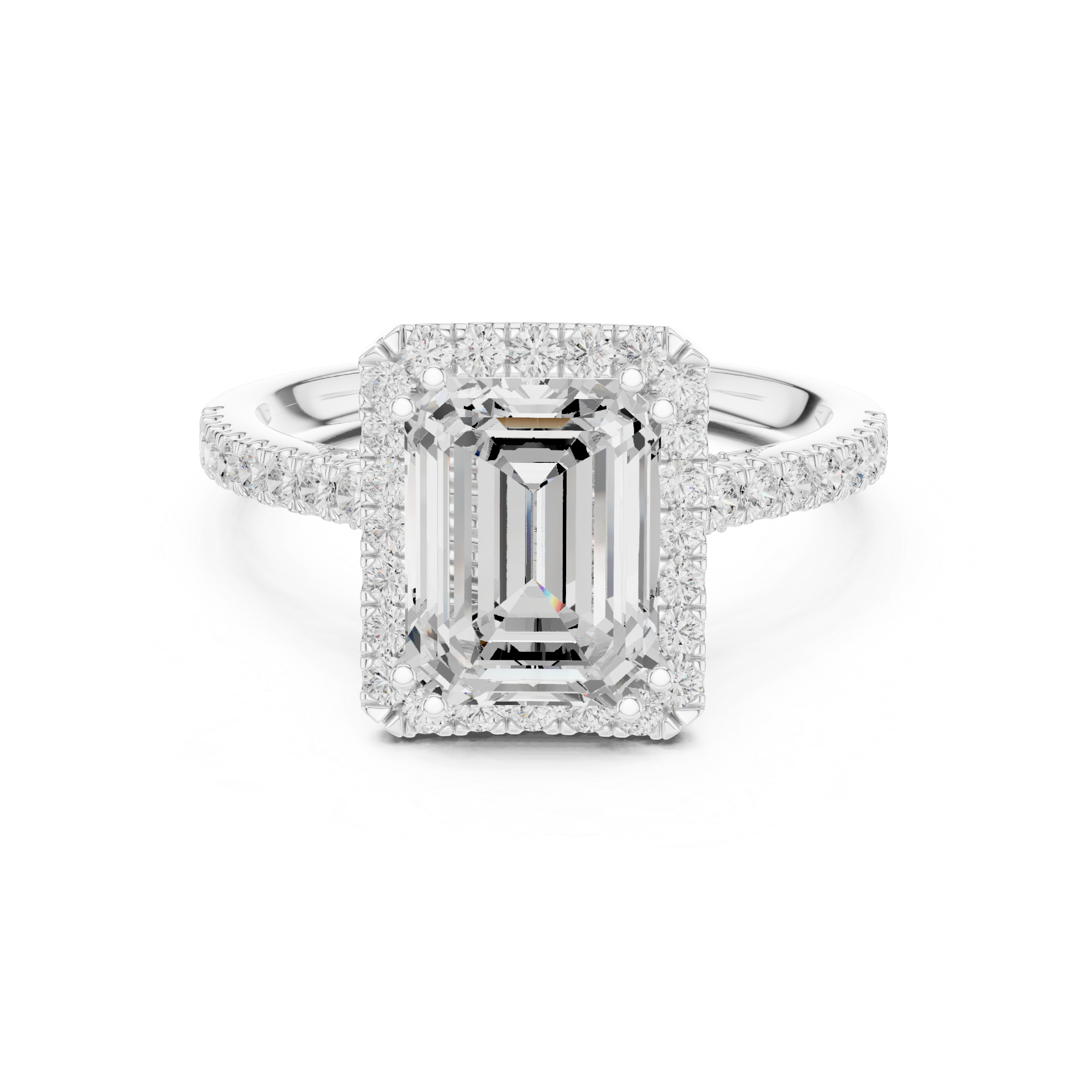 Emerald Cut Halo Diamond Engagement Ring with Pavé Band