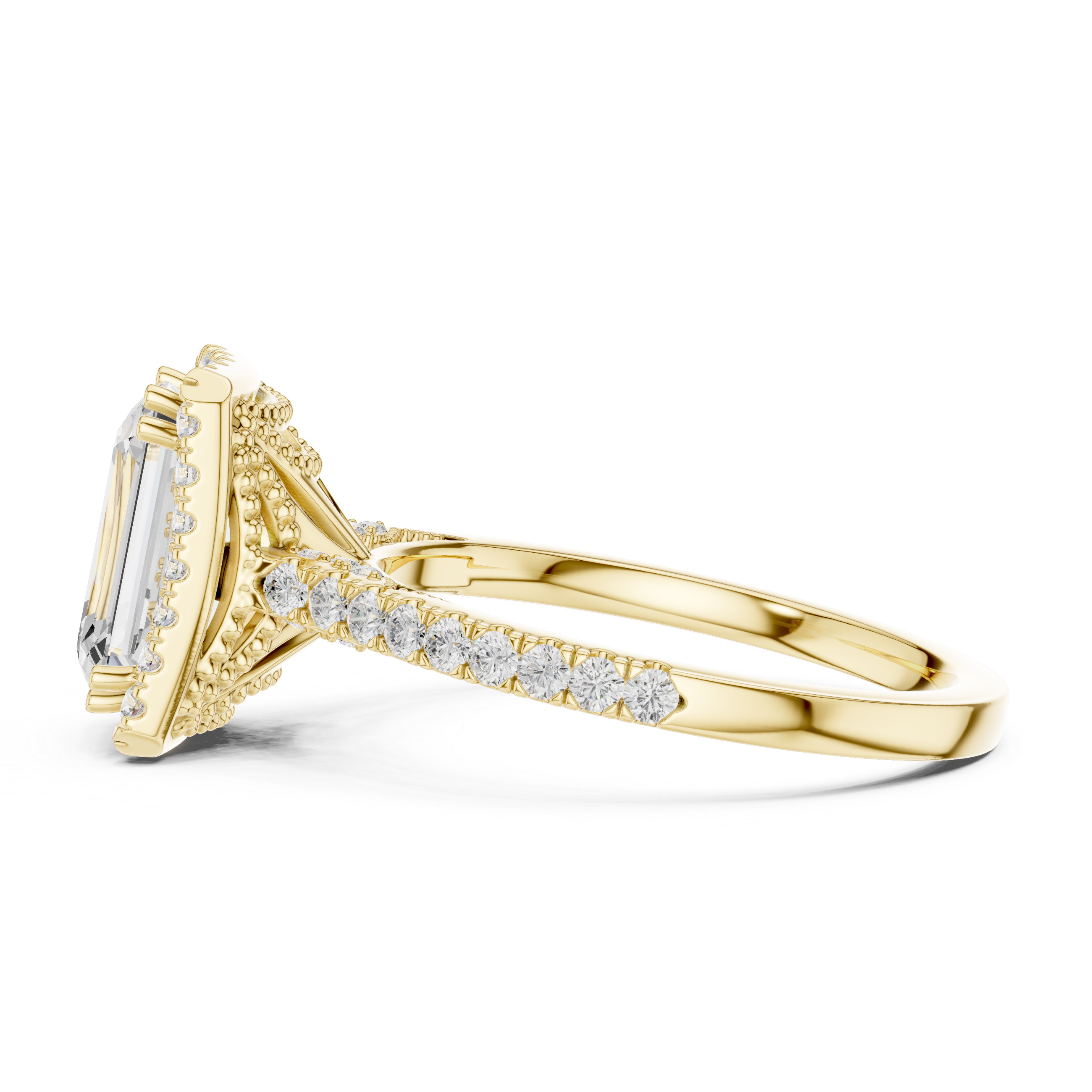 Emerald Cut Halo Diamond Engagement Ring with Pavé Band