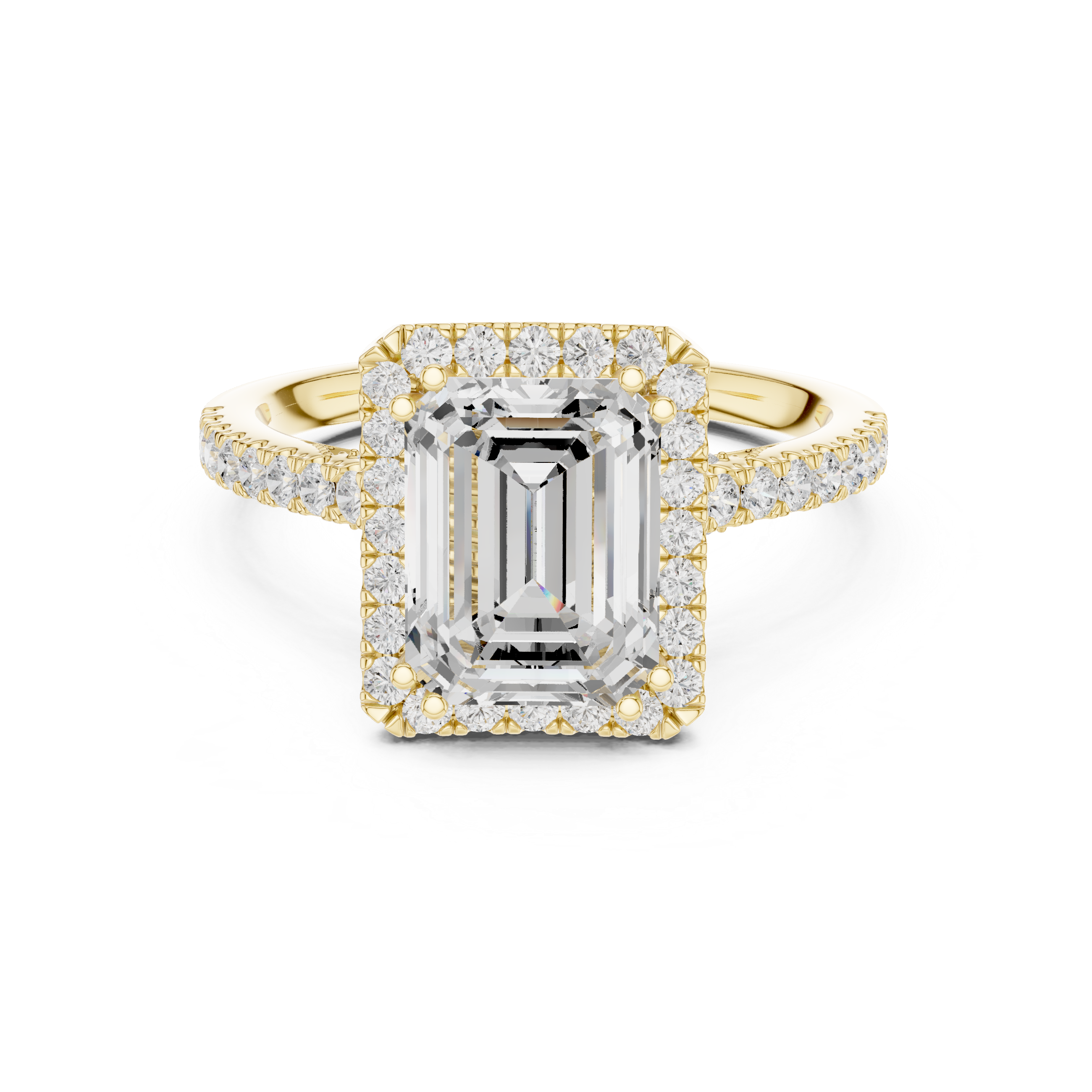 Emerald Cut Halo Diamond Engagement Ring with Pavé Band