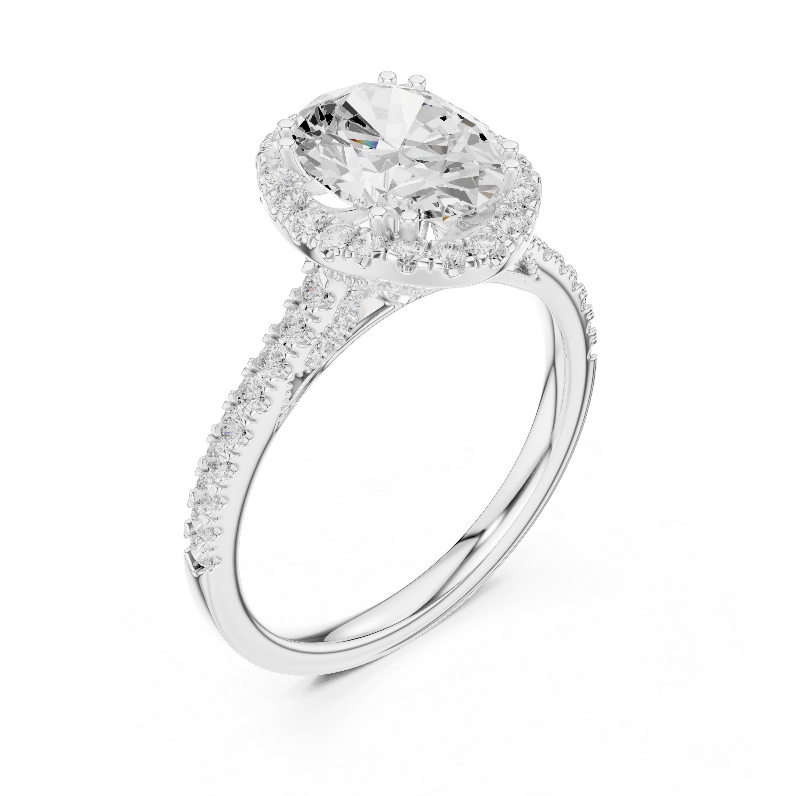 Oval Cut Halo Diamond Engagement Ring with Pavé Band
