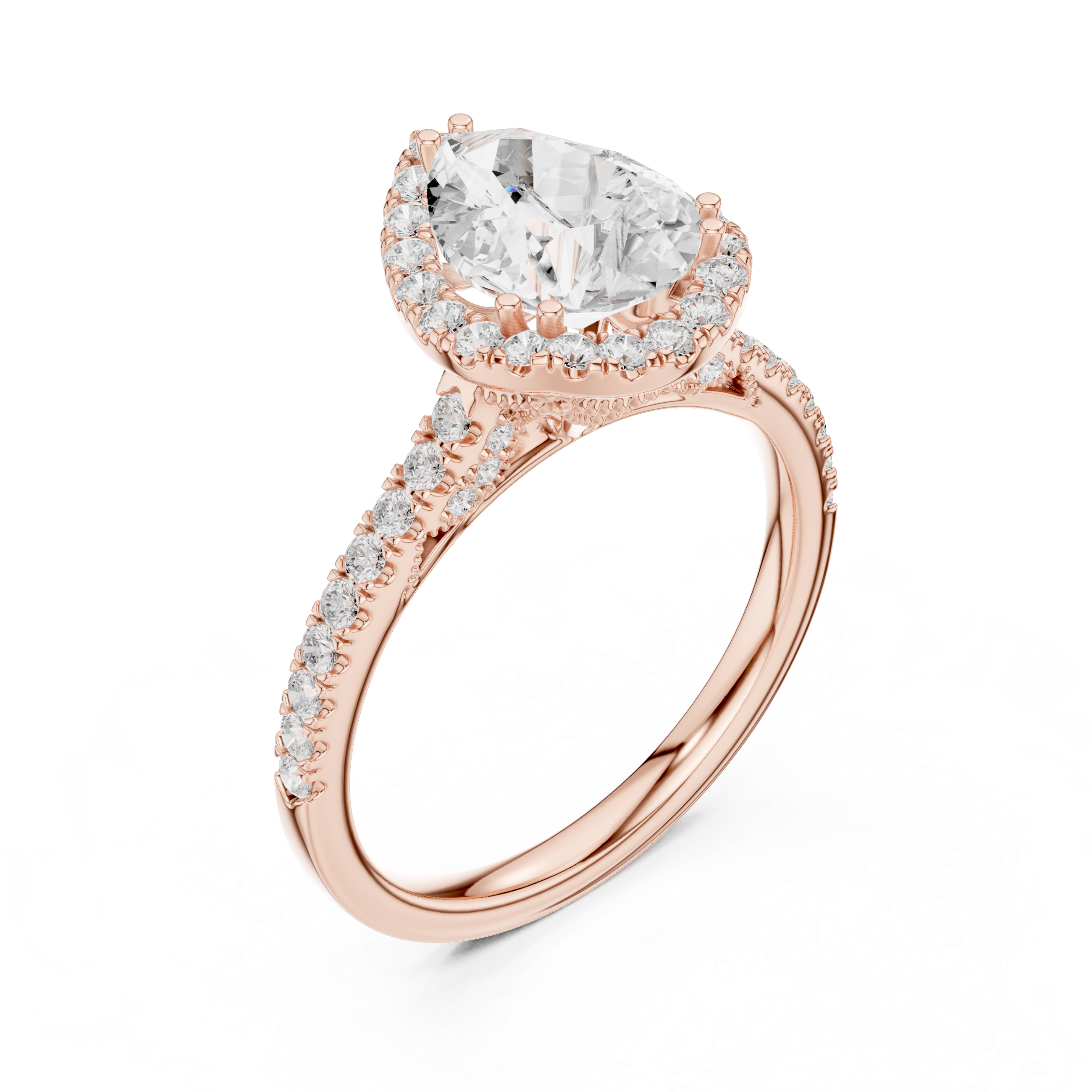 Pear Cut Halo Diamond Engagement Ring with Pavé Band