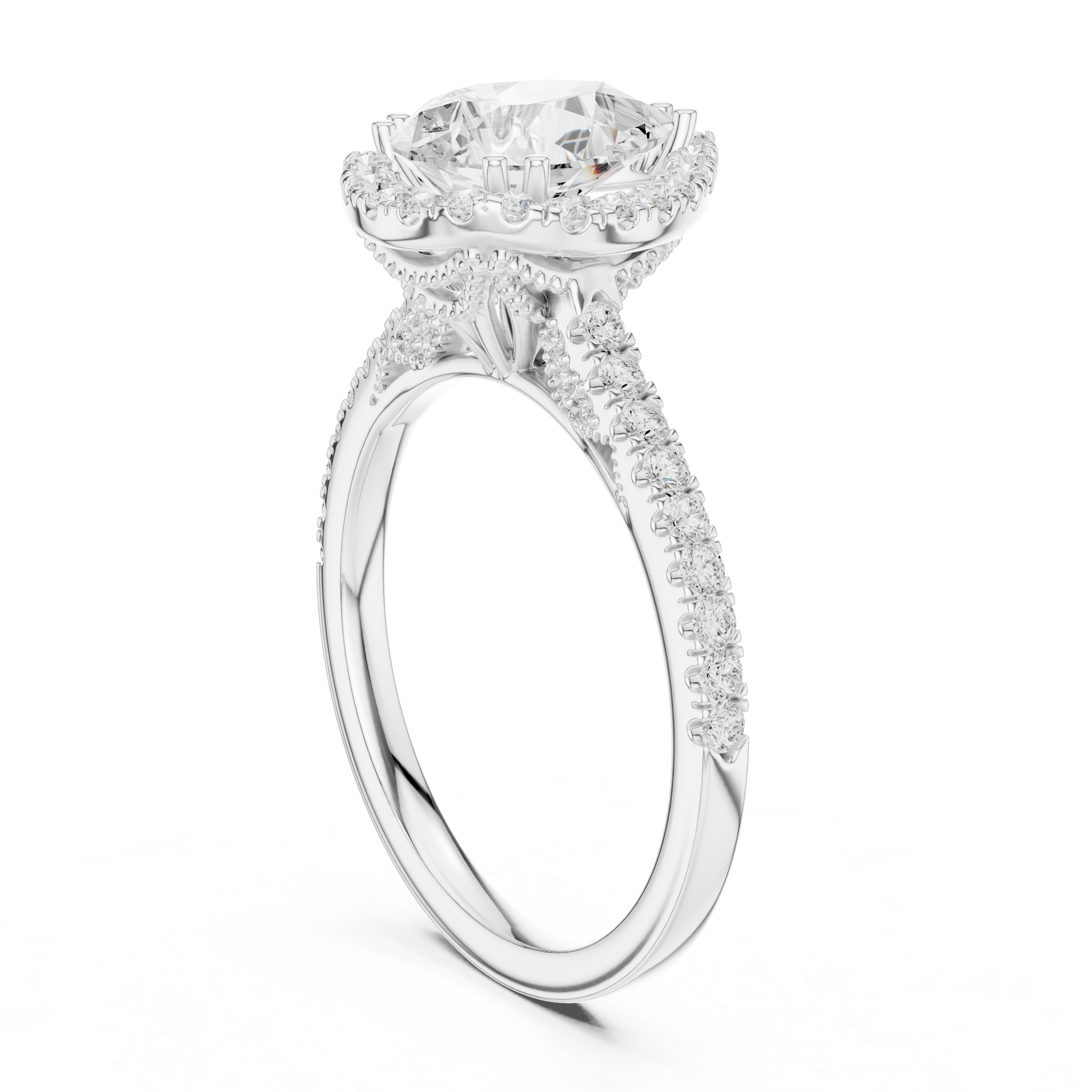 Pear Cut Halo Diamond Engagement Ring with Pavé Band