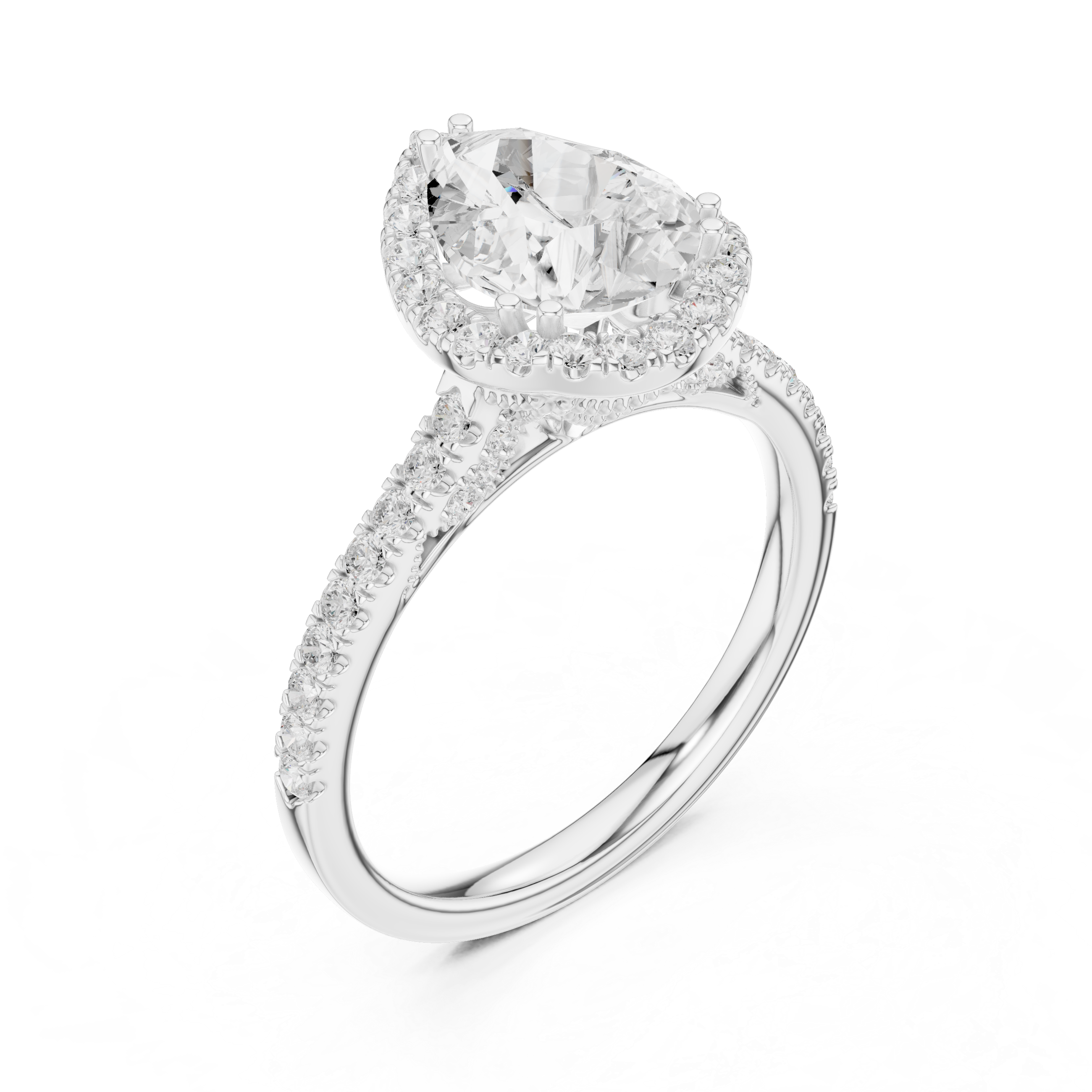 Pear Cut Halo Diamond Engagement Ring with Pavé Band