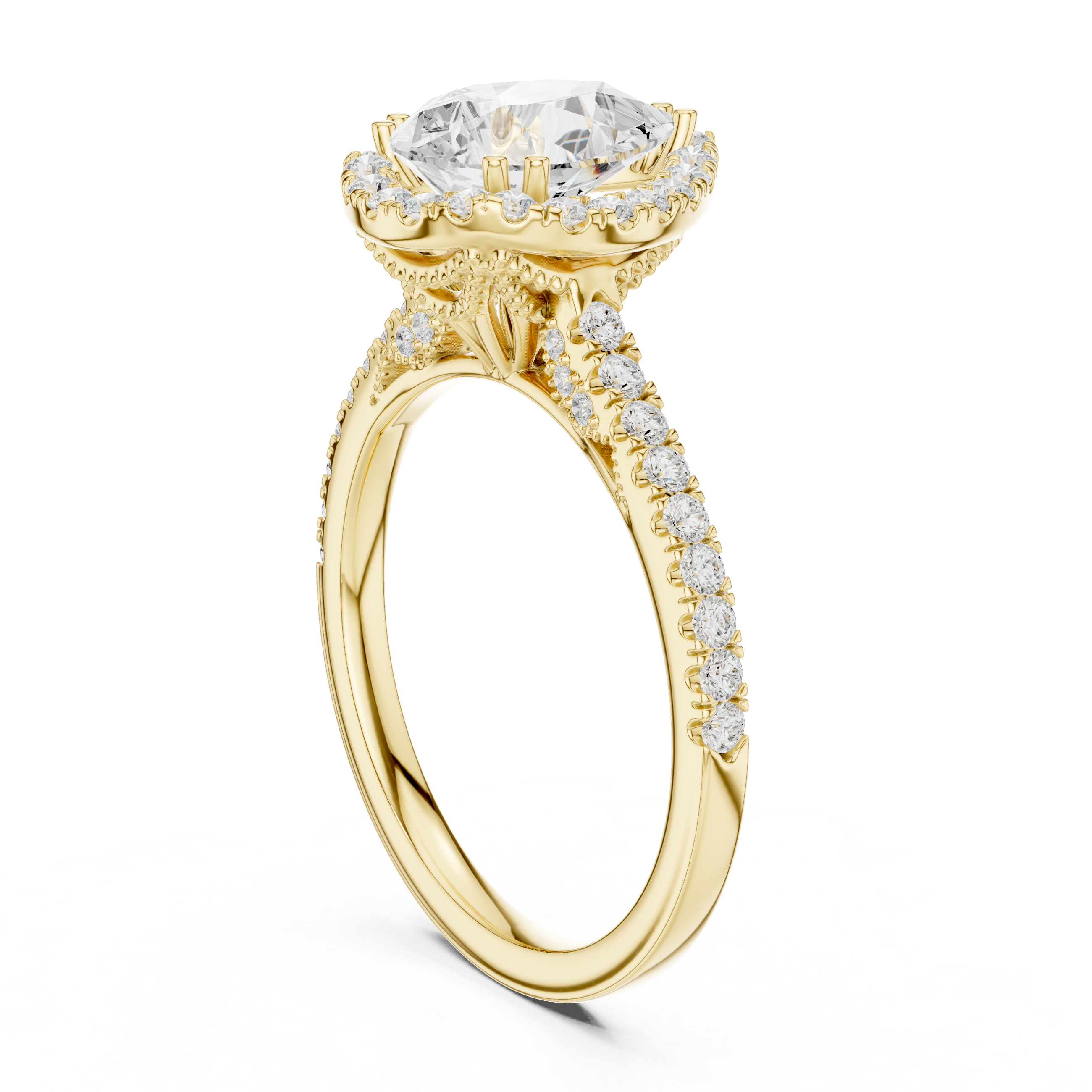 Pear Cut Halo Diamond Engagement Ring with Pavé Band