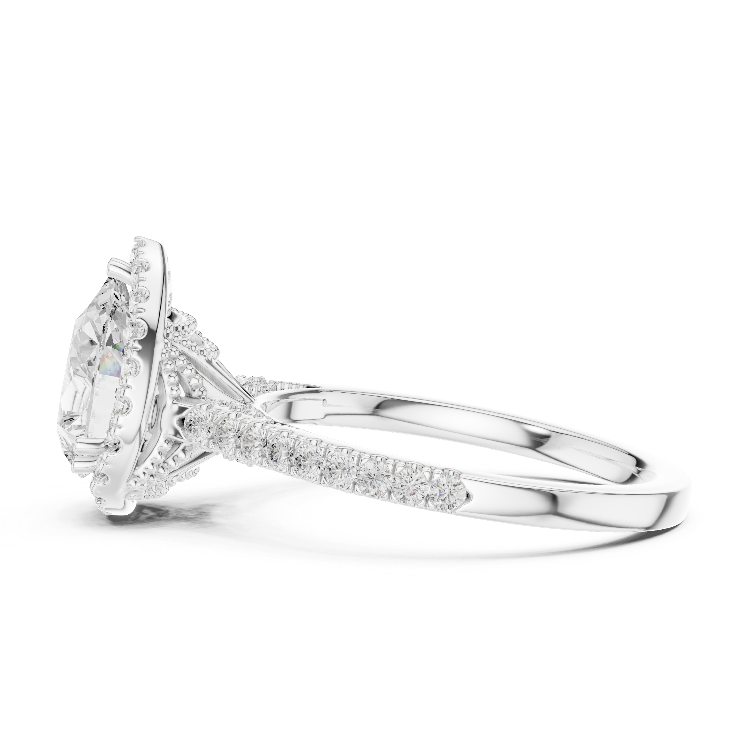 Pear Cut Halo Diamond Engagement Ring with Pavé Band