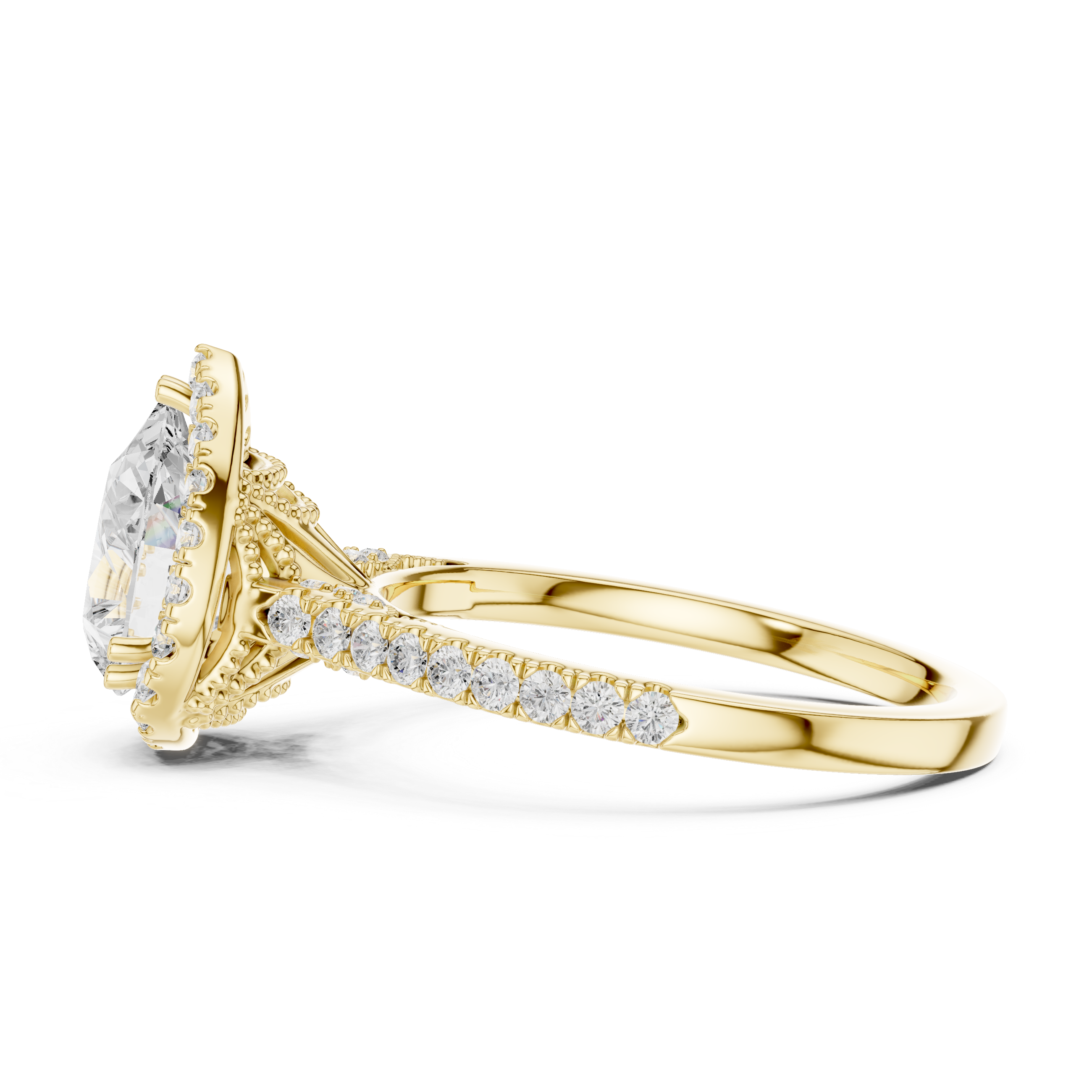 Pear Cut Halo Diamond Engagement Ring with Pavé Band