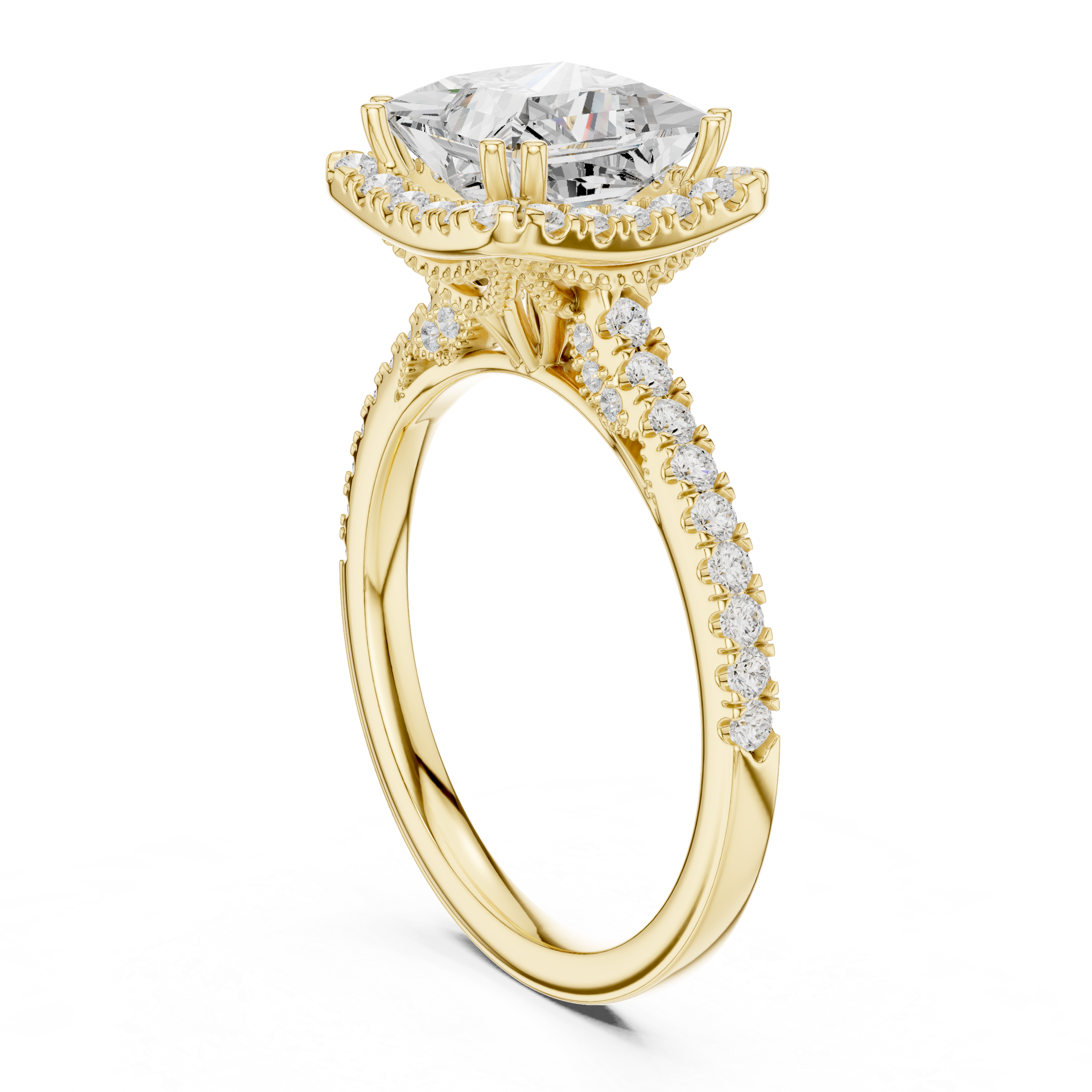 Princess Cut Halo Diamond Engagement Ring with Pavé Band
