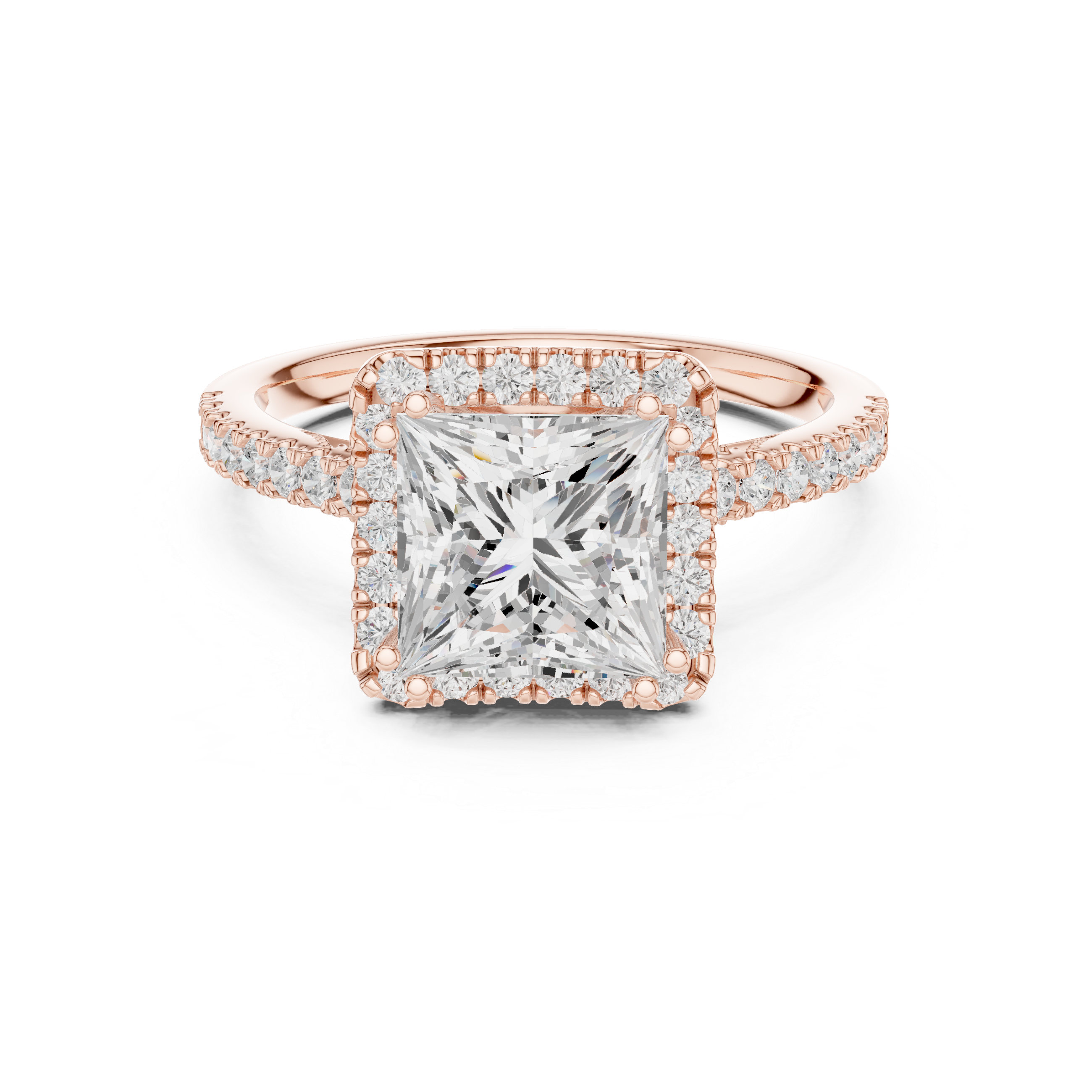 Princess Cut Halo Diamond Engagement Ring with Pavé Band