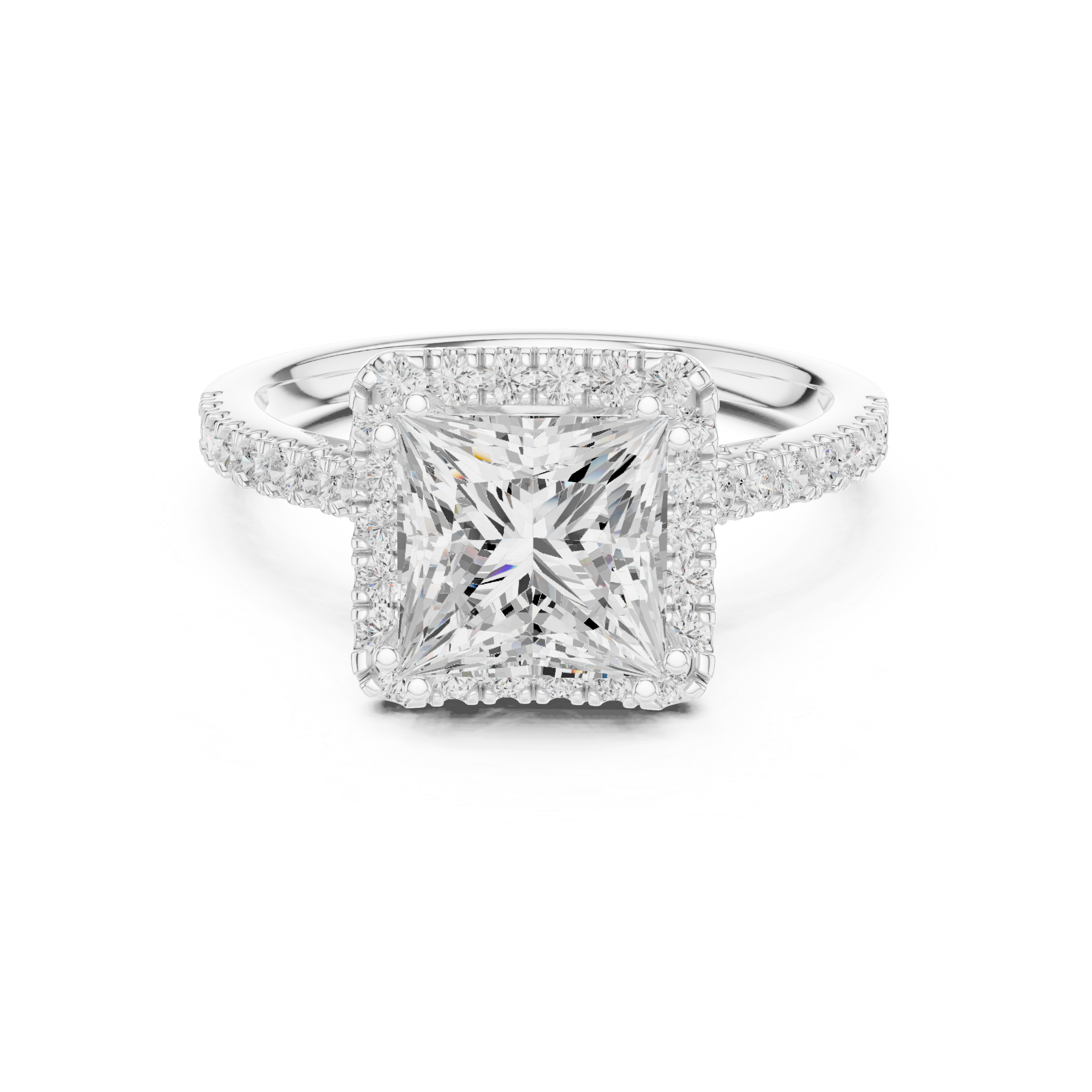 Princess Cut Halo Diamond Engagement Ring with Pavé Band