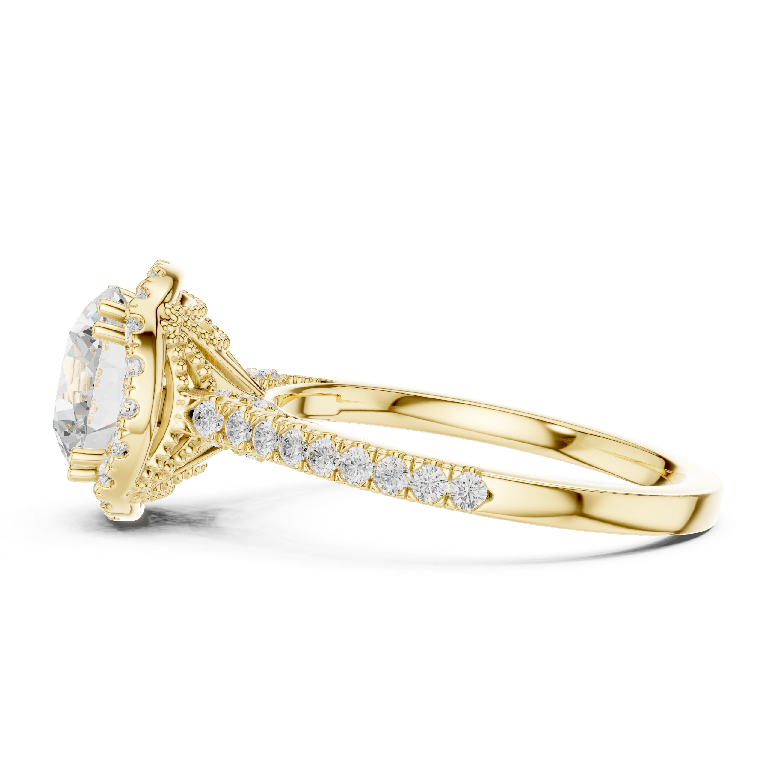 Round Halo Diamond Engagement Ring with Pavé Band