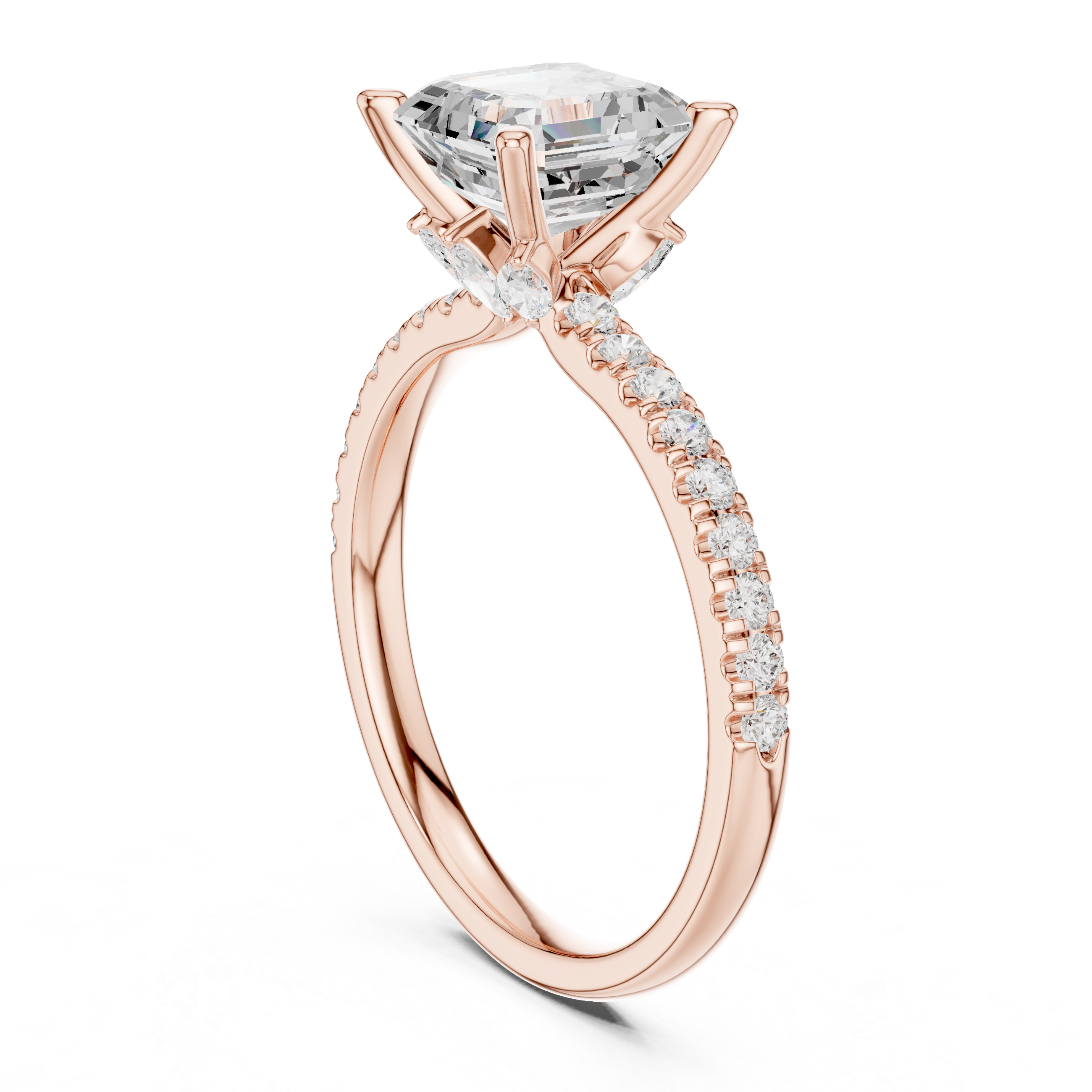 Asscher Cut Solitaire Engagement Ring with Marquise Side Accents and Pavé Diamond Band