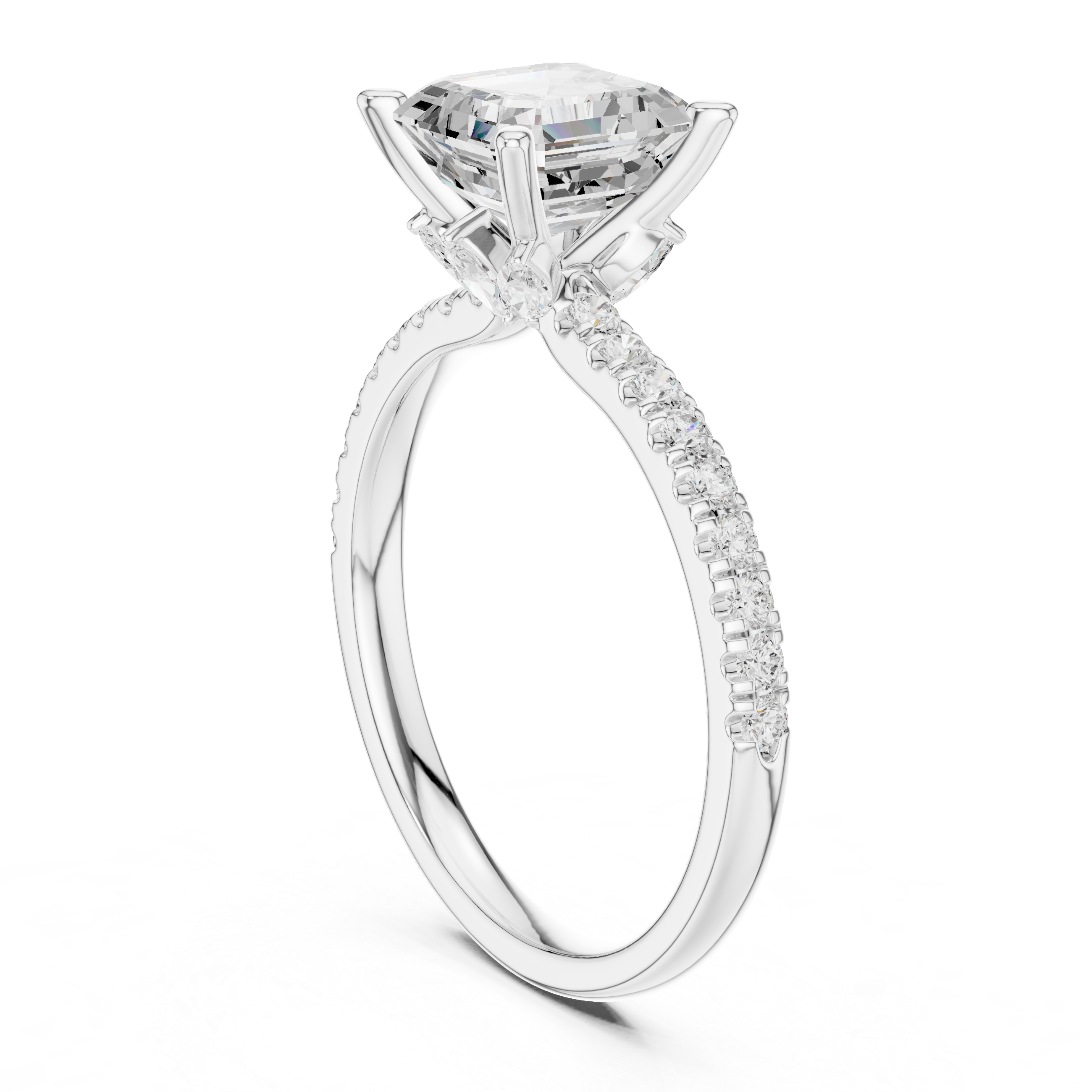 Asscher Cut Solitaire Engagement Ring with Marquise Side Accents and Pavé Diamond Band