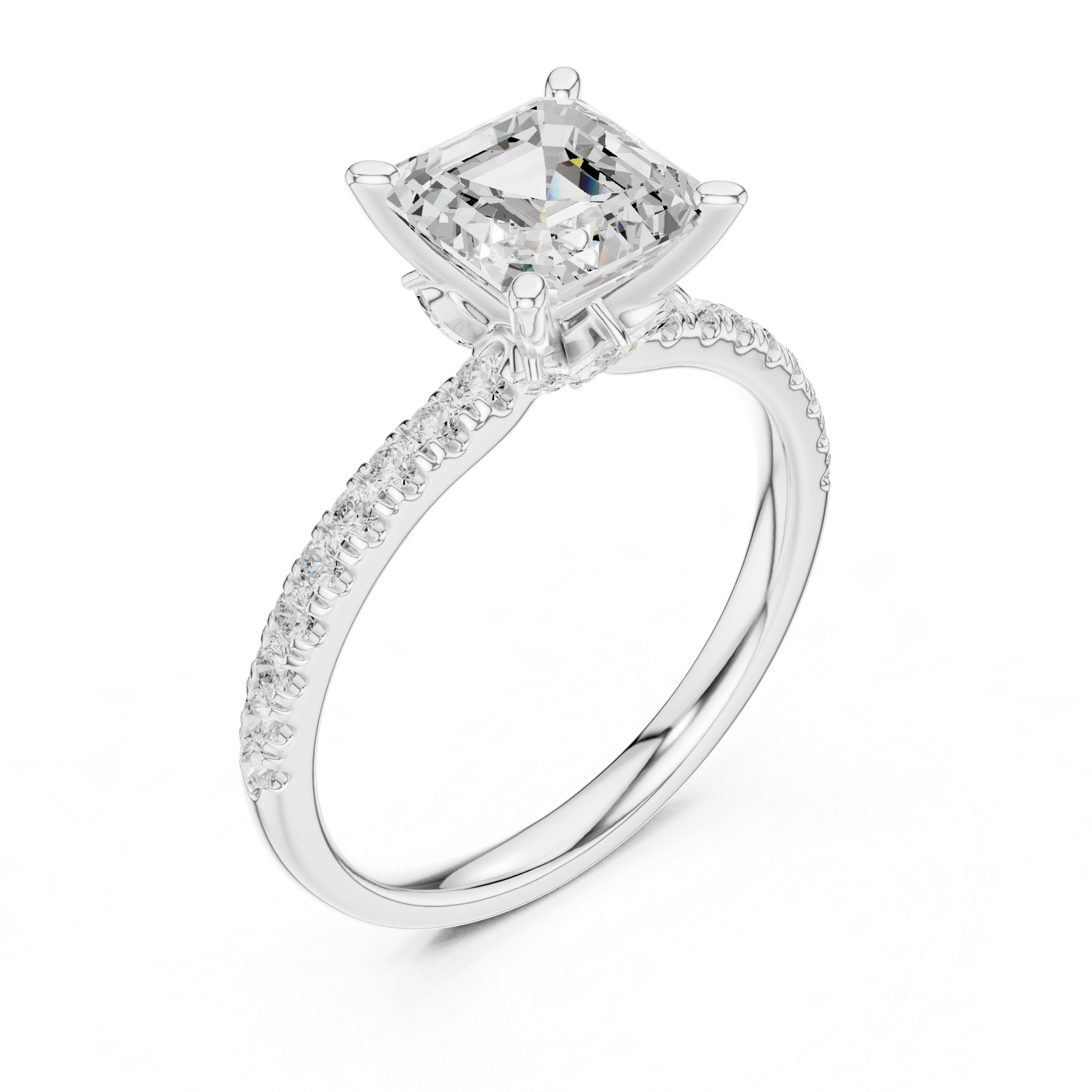 Asscher Cut Solitaire Engagement Ring with Marquise Side Accents and Pavé Diamond Band