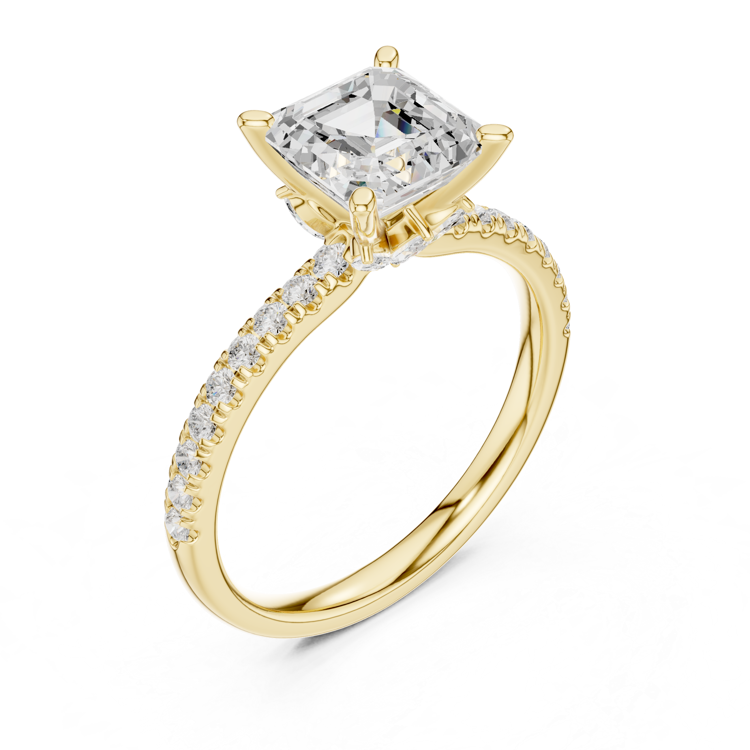 Asscher Cut Solitaire Engagement Ring with Marquise Side Accents and Pavé Diamond Band