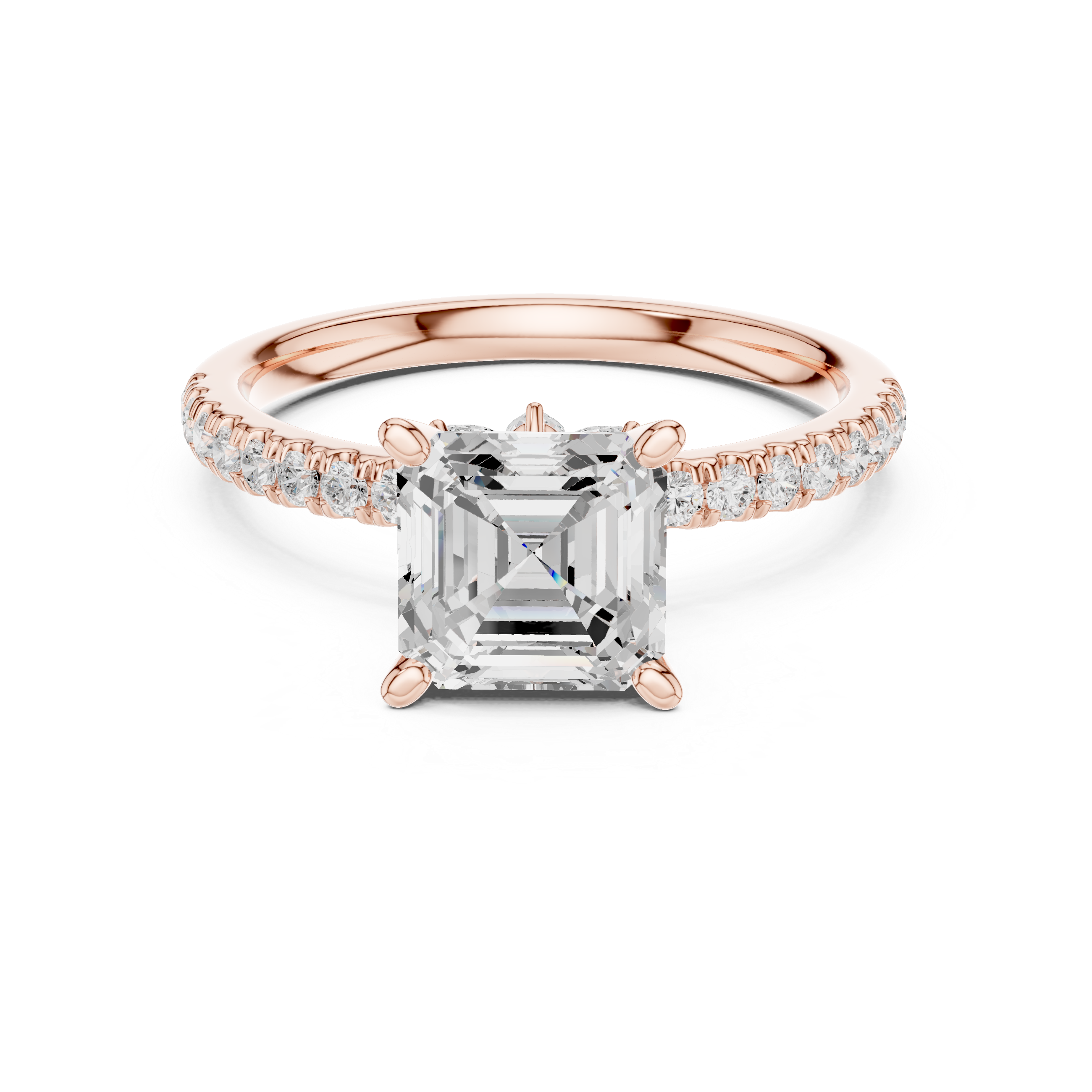 Asscher Cut Solitaire Engagement Ring with Marquise Side Accents and Pavé Diamond Band