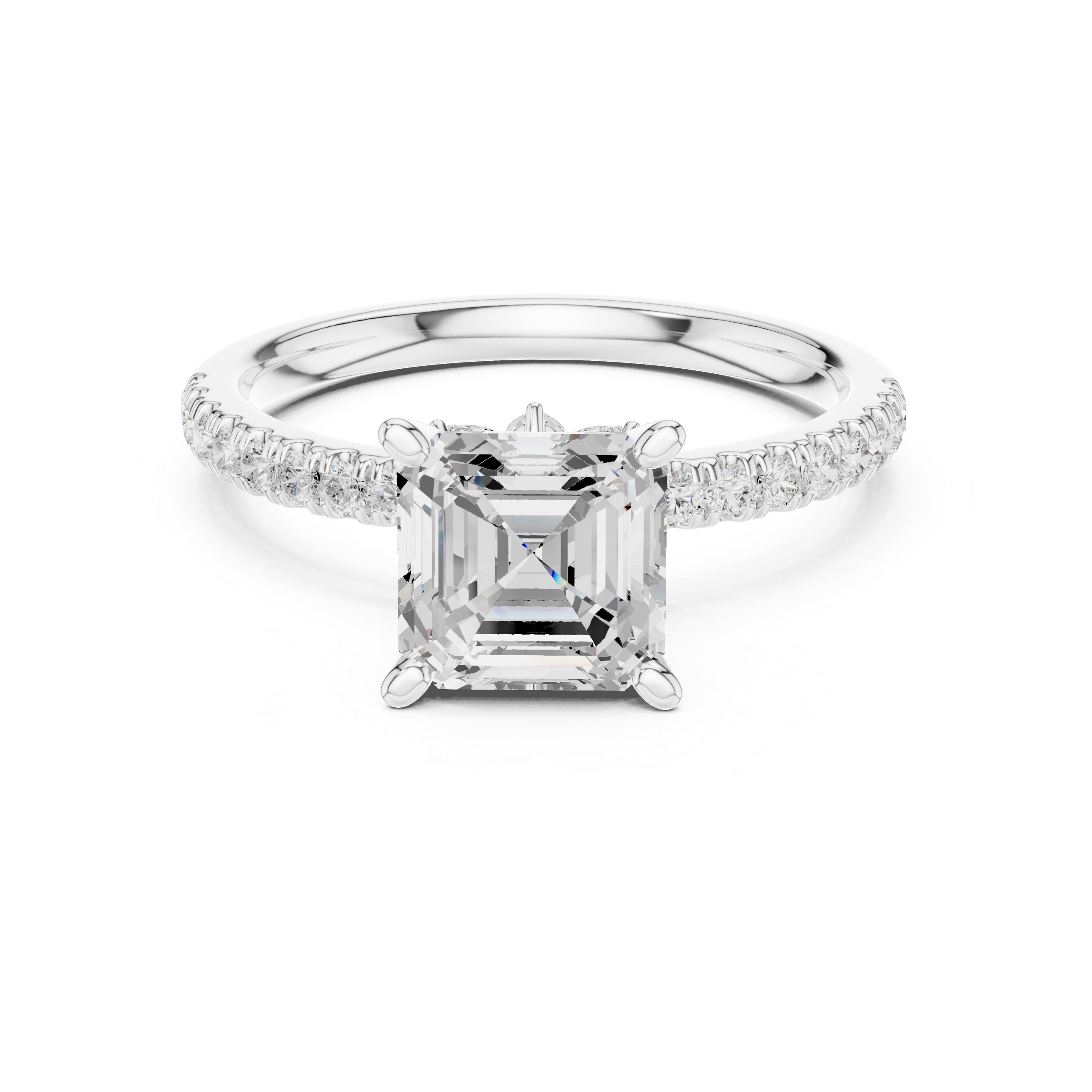 Asscher Cut Solitaire Engagement Ring with Marquise Side Accents and Pavé Diamond Band