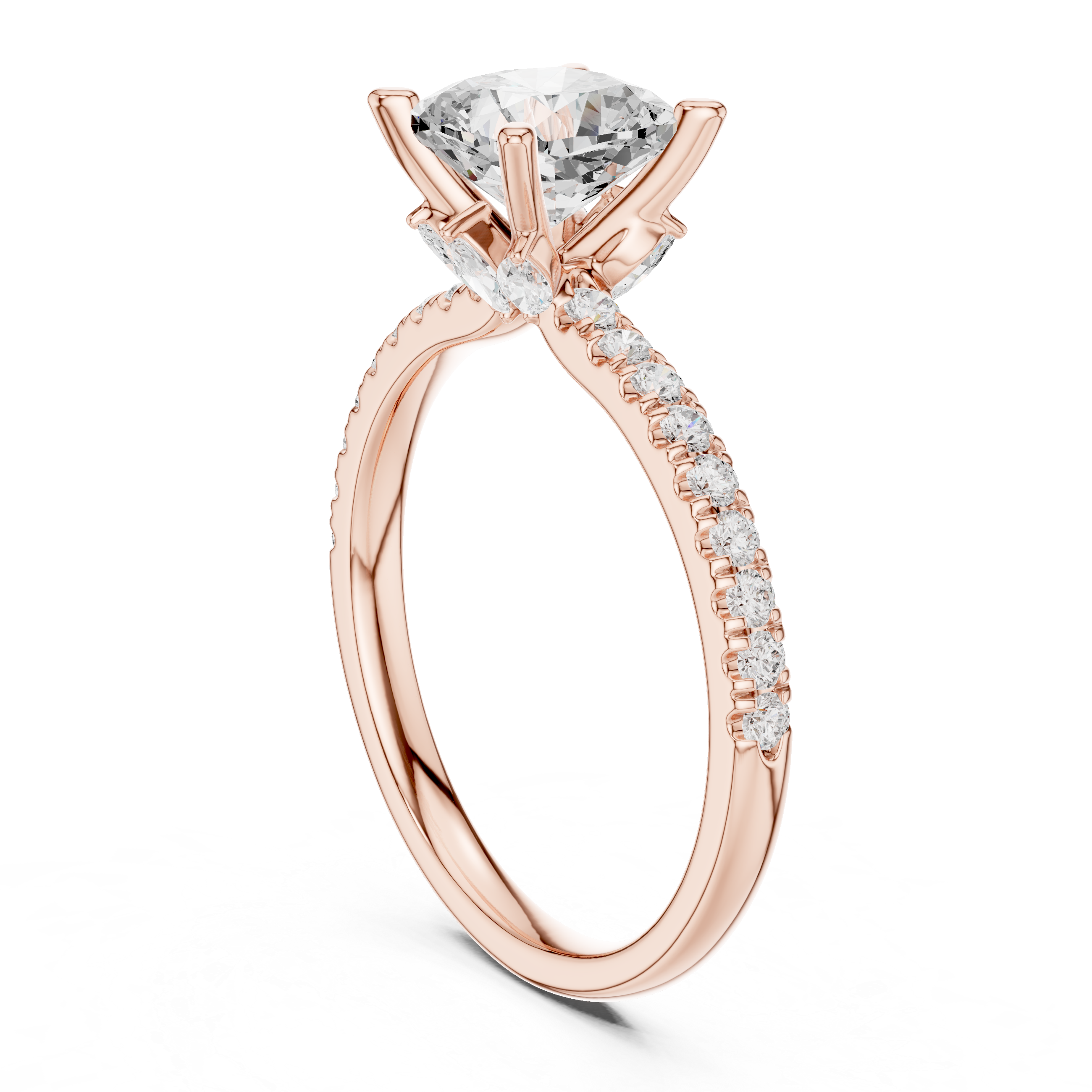 Cushion Cut Solitaire Engagement Ring with Marquise Accent Gallery and Pavé Diamond Band
