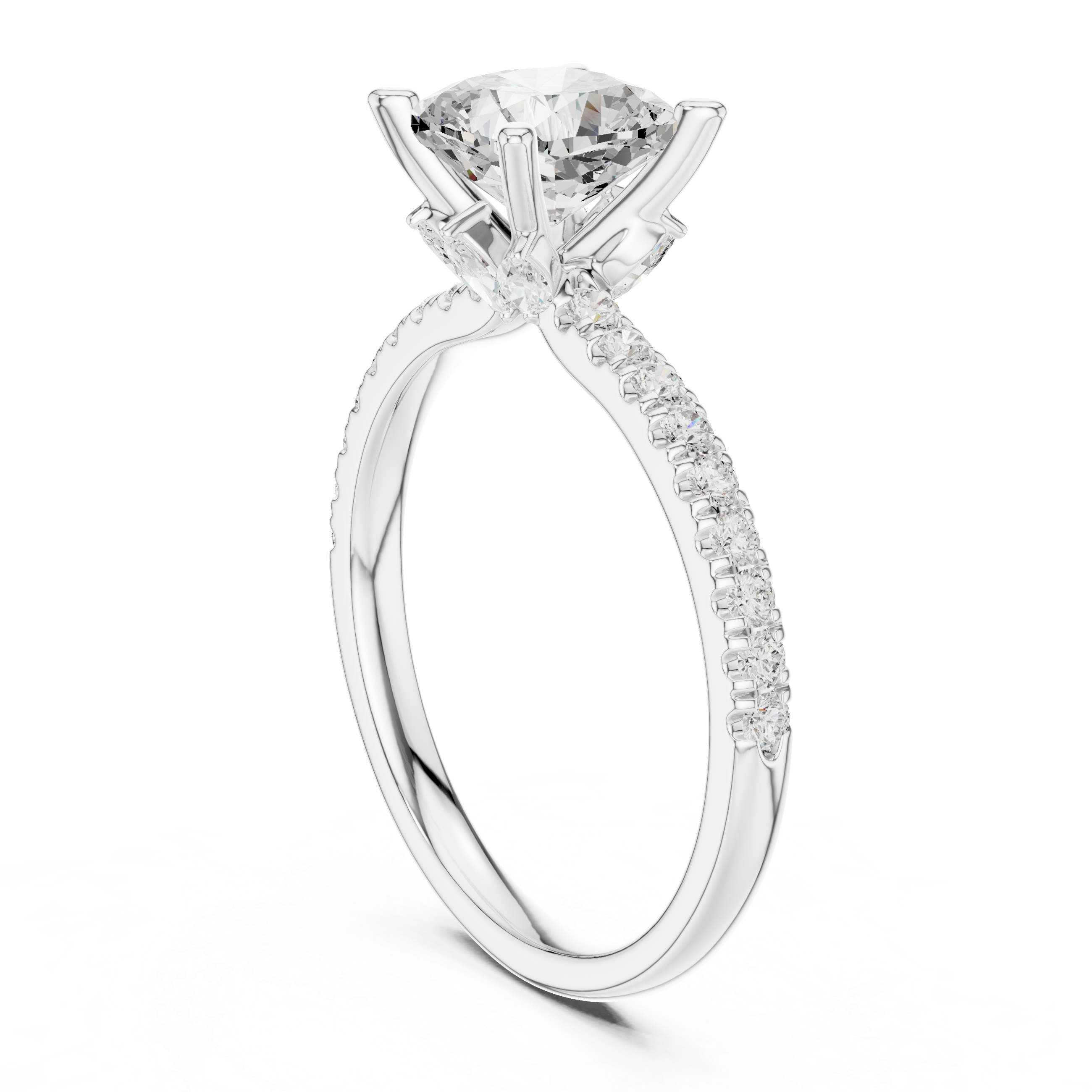 Cushion Cut Solitaire Engagement Ring with Marquise Accent Gallery and Pavé Diamond Band
