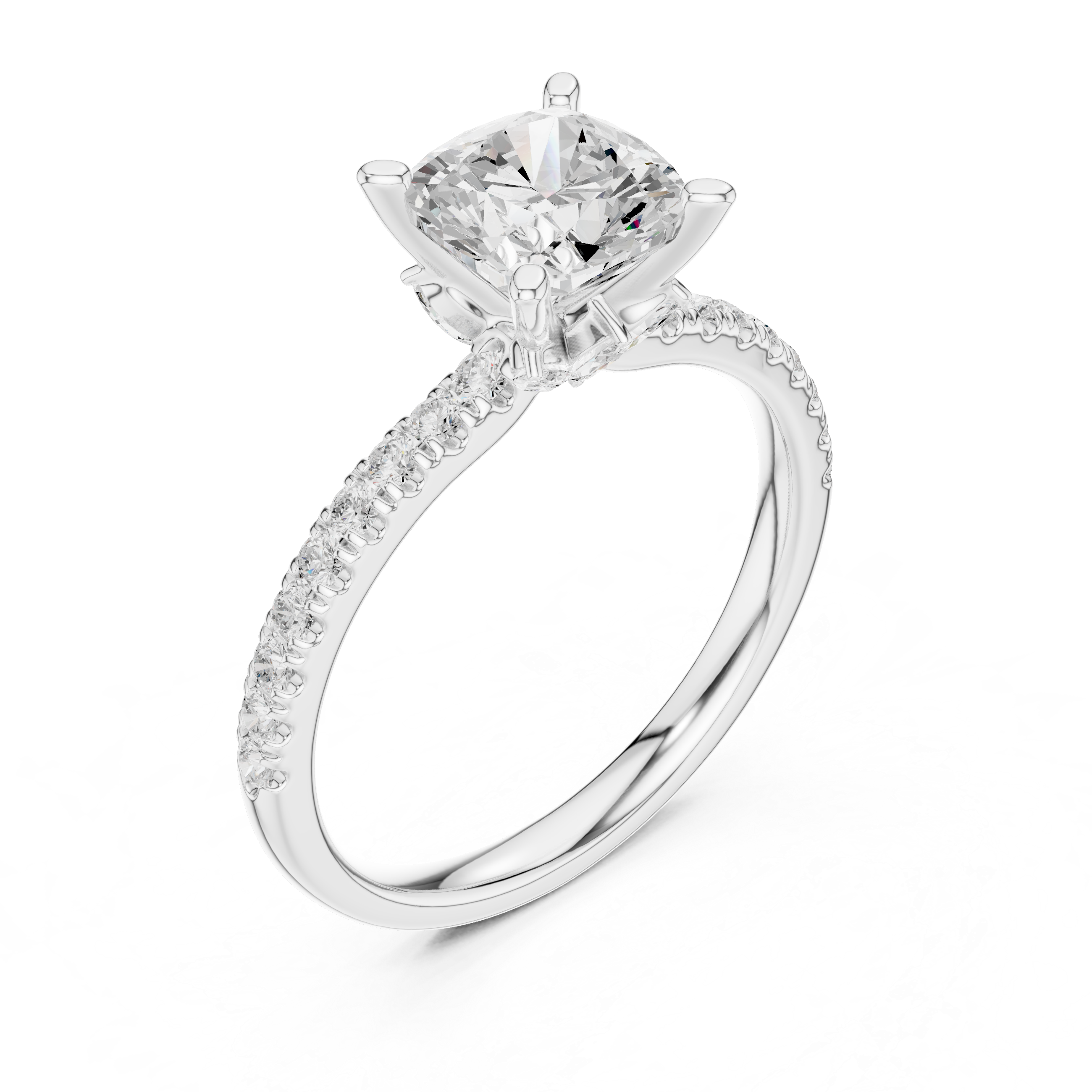 Cushion Cut Solitaire Engagement Ring with Marquise Accent Gallery and Pavé Diamond Band